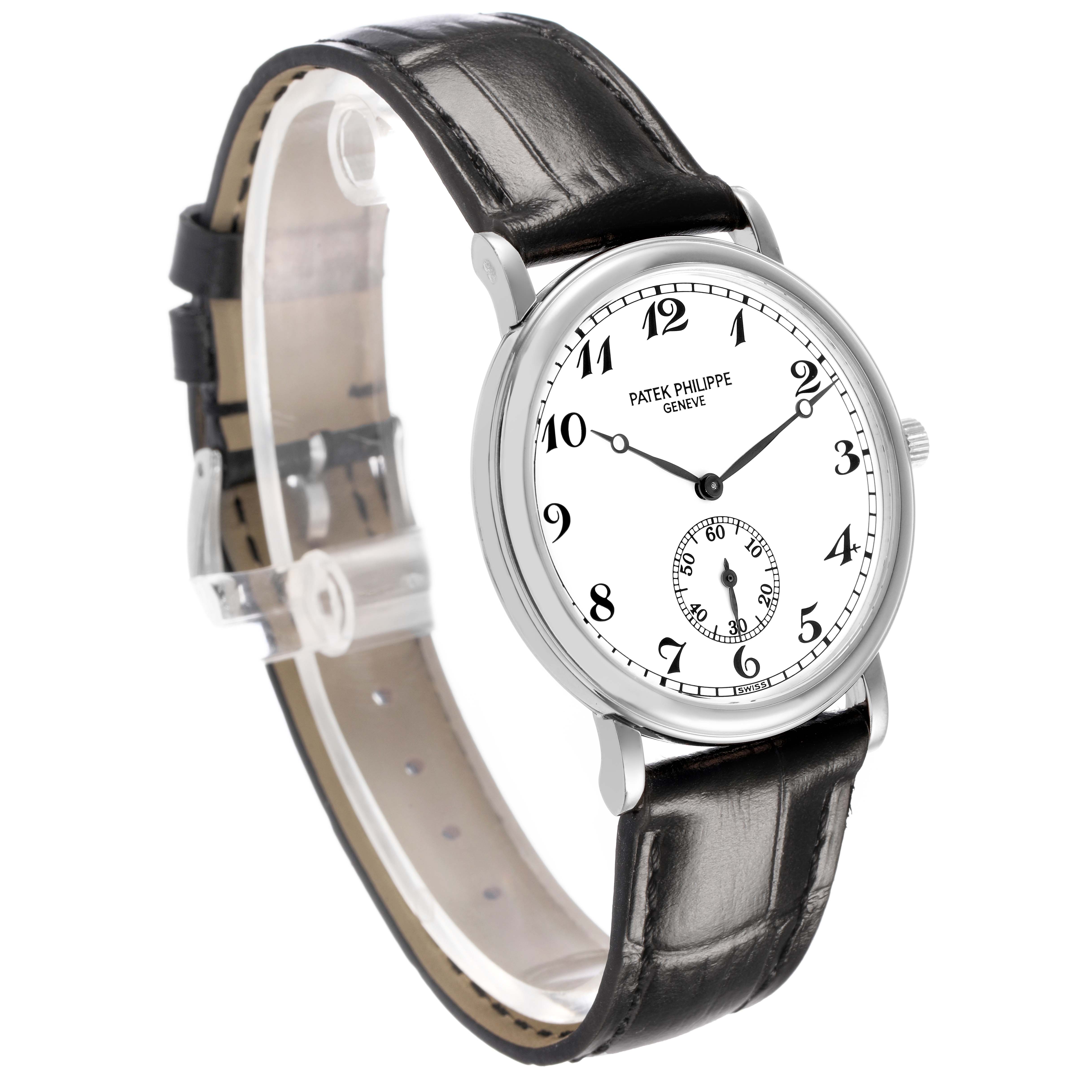 The Patek Philippe Calatrava 83323 Men's White Gold White Dial is shown at a slight angle, highlighting the dial, leather strap, and clasp.