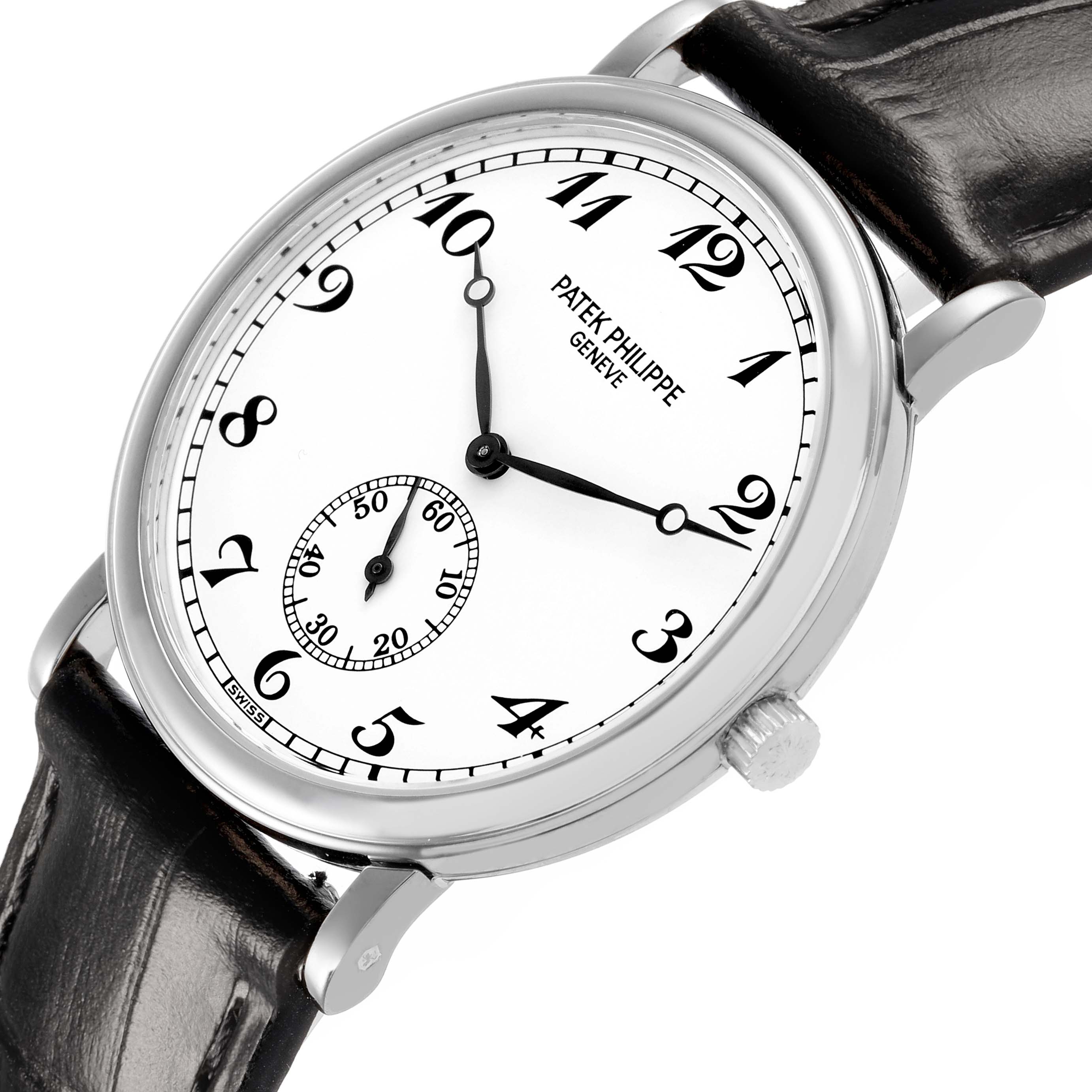 The Patek Philippe Calatrava 83323 Men's White Gold White Dial watch is displayed at an angled close-up, showing the dial, hands, case, crown, and leather strap.