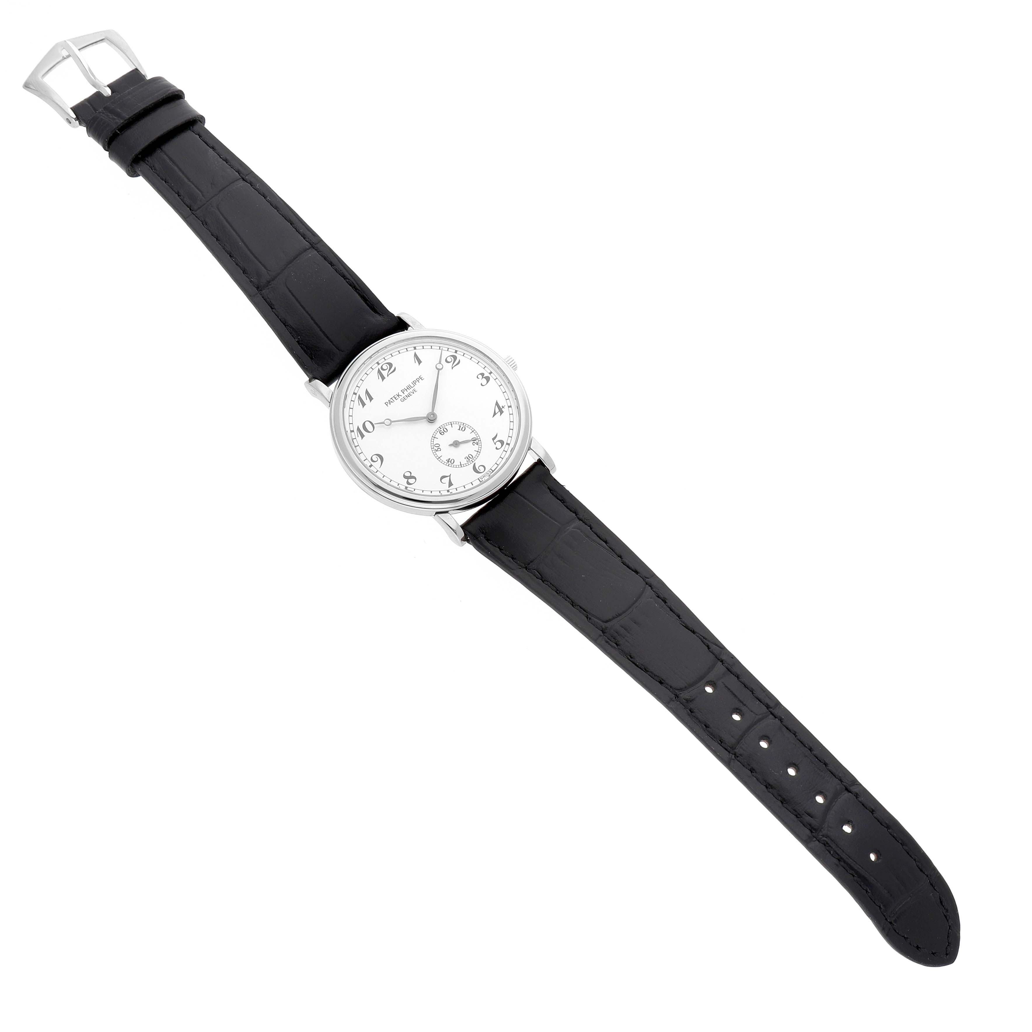 The Patek Philippe Calatrava 83323 Men's White Gold White Dial watch is shown at a top-down angle, highlighting the black strap and white dial with elegant numerals.