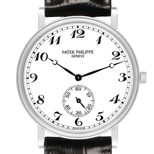 The Patek Philippe Calatrava 83323 Men's White Gold White Dial watch is shown from the front, highlighting its white dial, black numerals, and subdial.