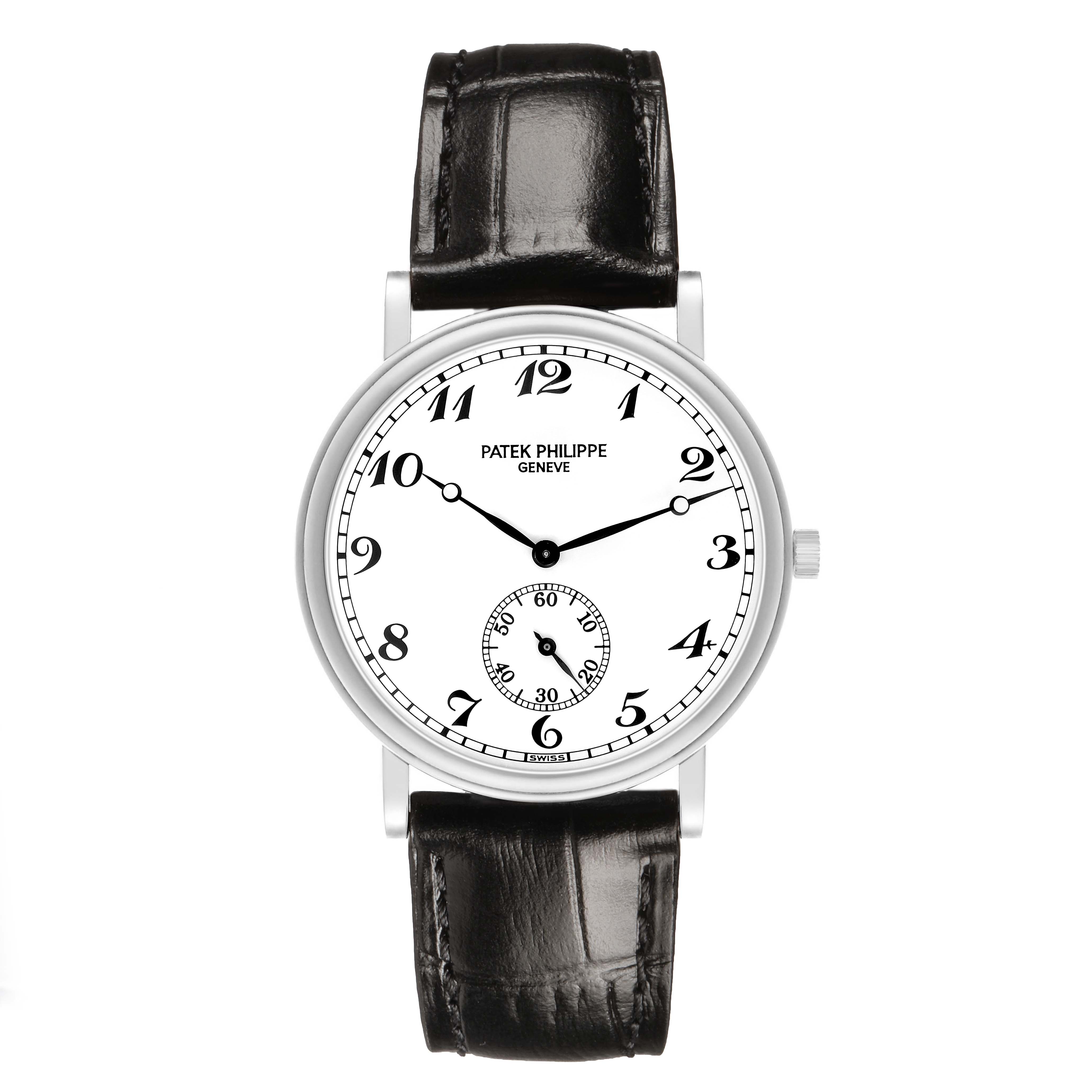 The Patek Philippe Calatrava 83323 Men's White Gold White Dial watch is shown from the front, displaying its dial, hands, and black leather strap.