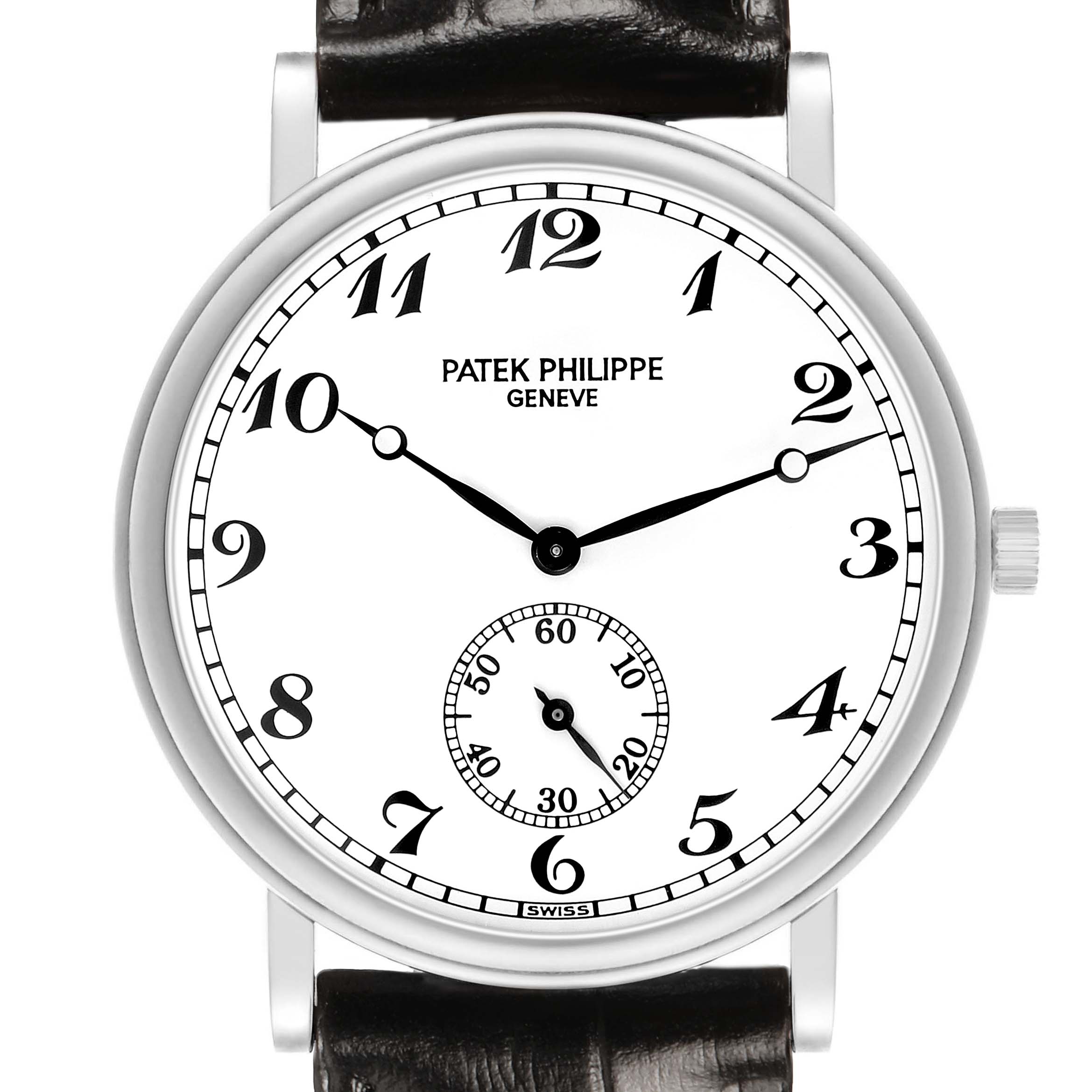 The image shows a frontal view of the Patek Philippe Calatrava 83323 Men's White Gold White Dial, displaying the dial, hands, numerals, and crown.