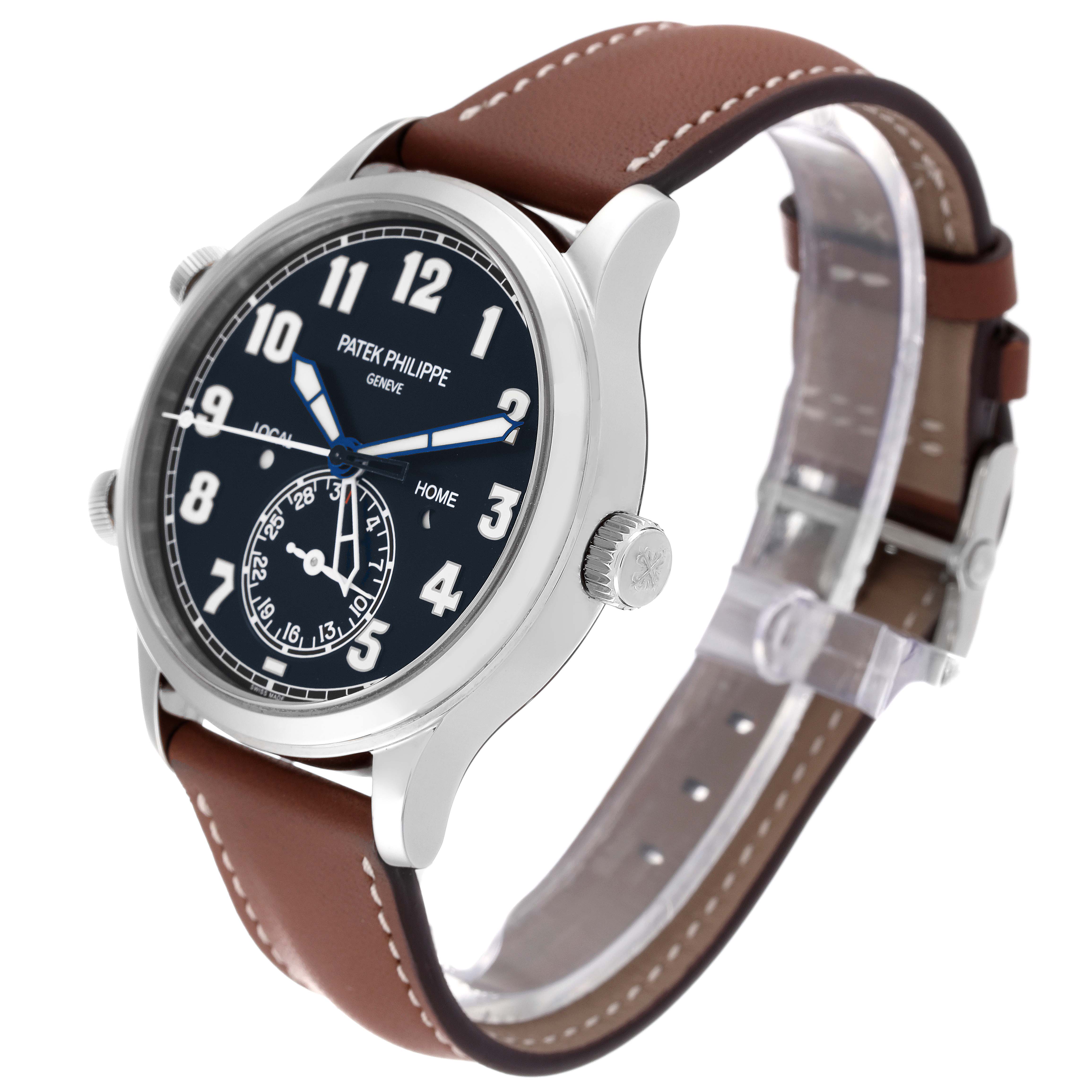 The image shows a Patek Philippe Calatrava 5524G Men's White Gold Black Dial 5524G Men's White Gold Black Dial watch at a three-quarter angle, highlighting the watch face, case, and leather strap.