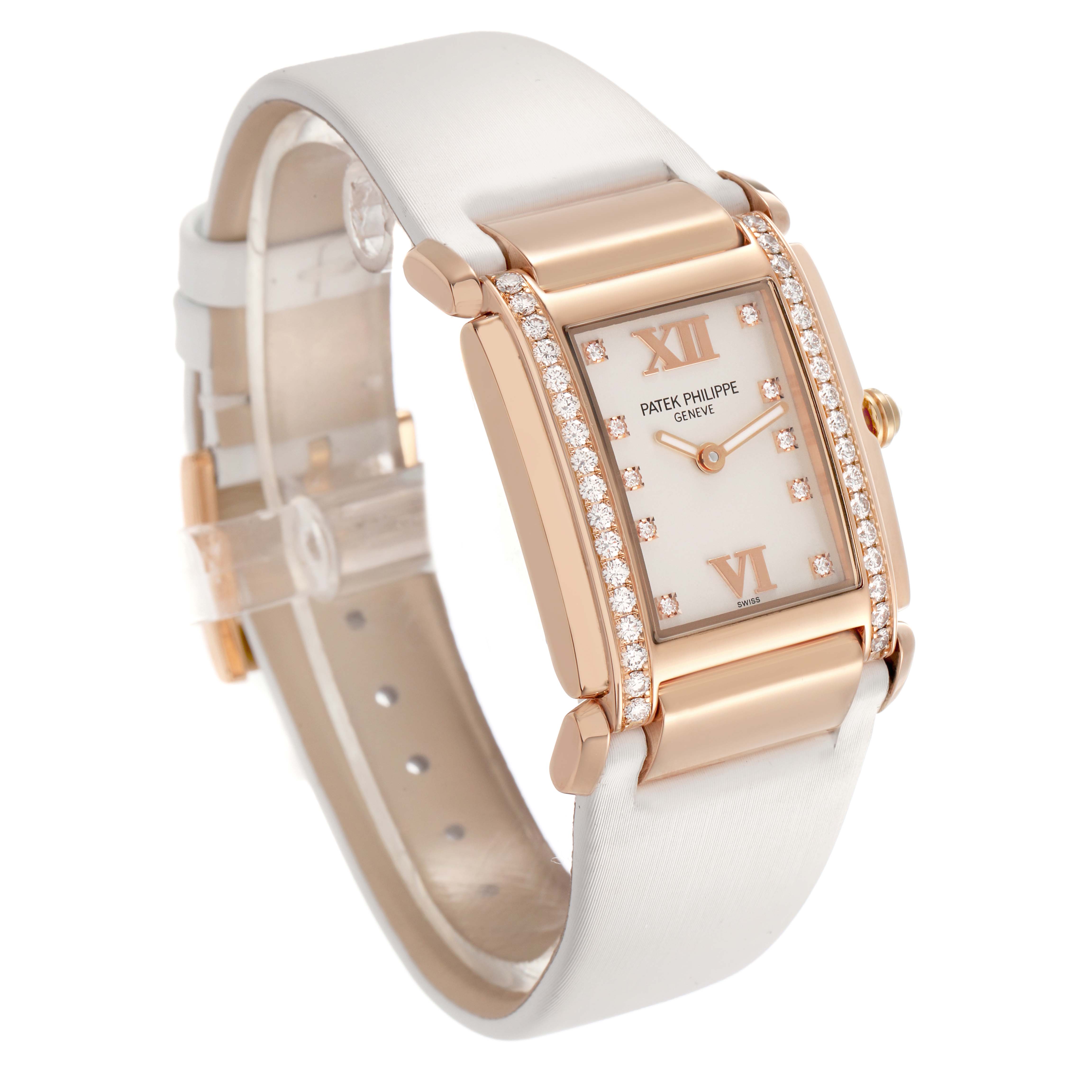 The Patek Philippe Twenty-4 4920R-010 Women's Rose Gold Silver Dial watch is shown at a slight angle, highlighting the face, diamond bezel, and part of the bracelet.