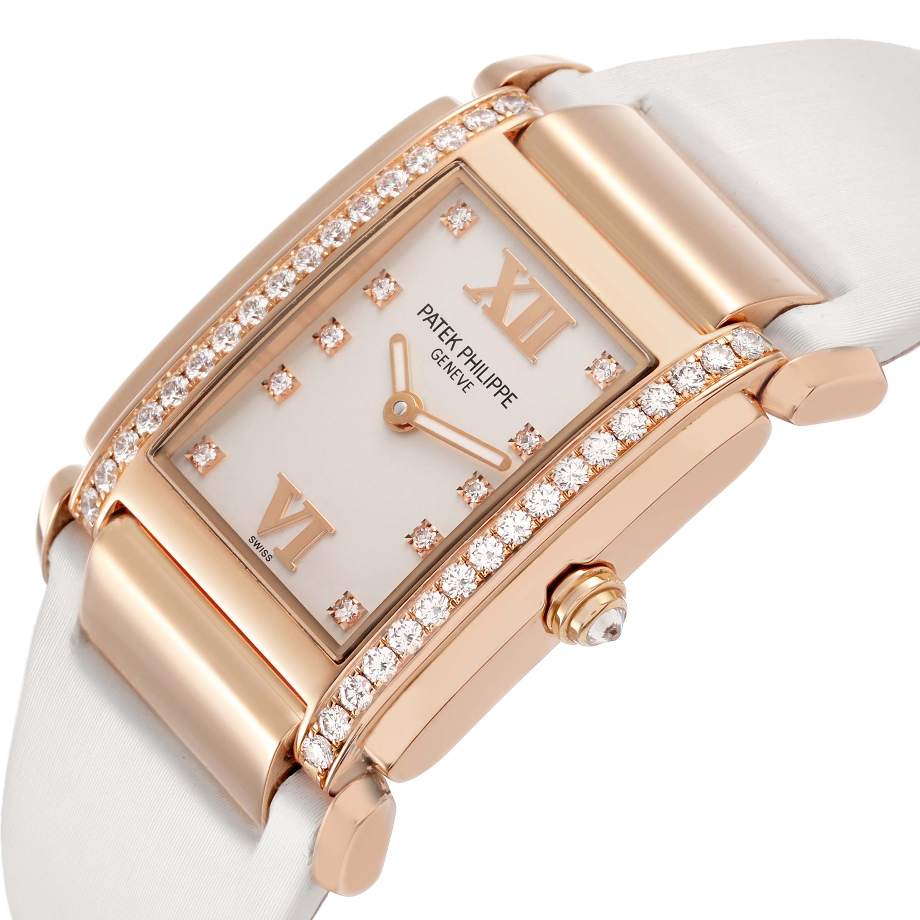 The Patek Philippe Twenty-4 4920R-010 Women's Rose Gold Silver Dial watch is shown at an angled close-up, highlighting the diamond-studded bezel and rose gold case.