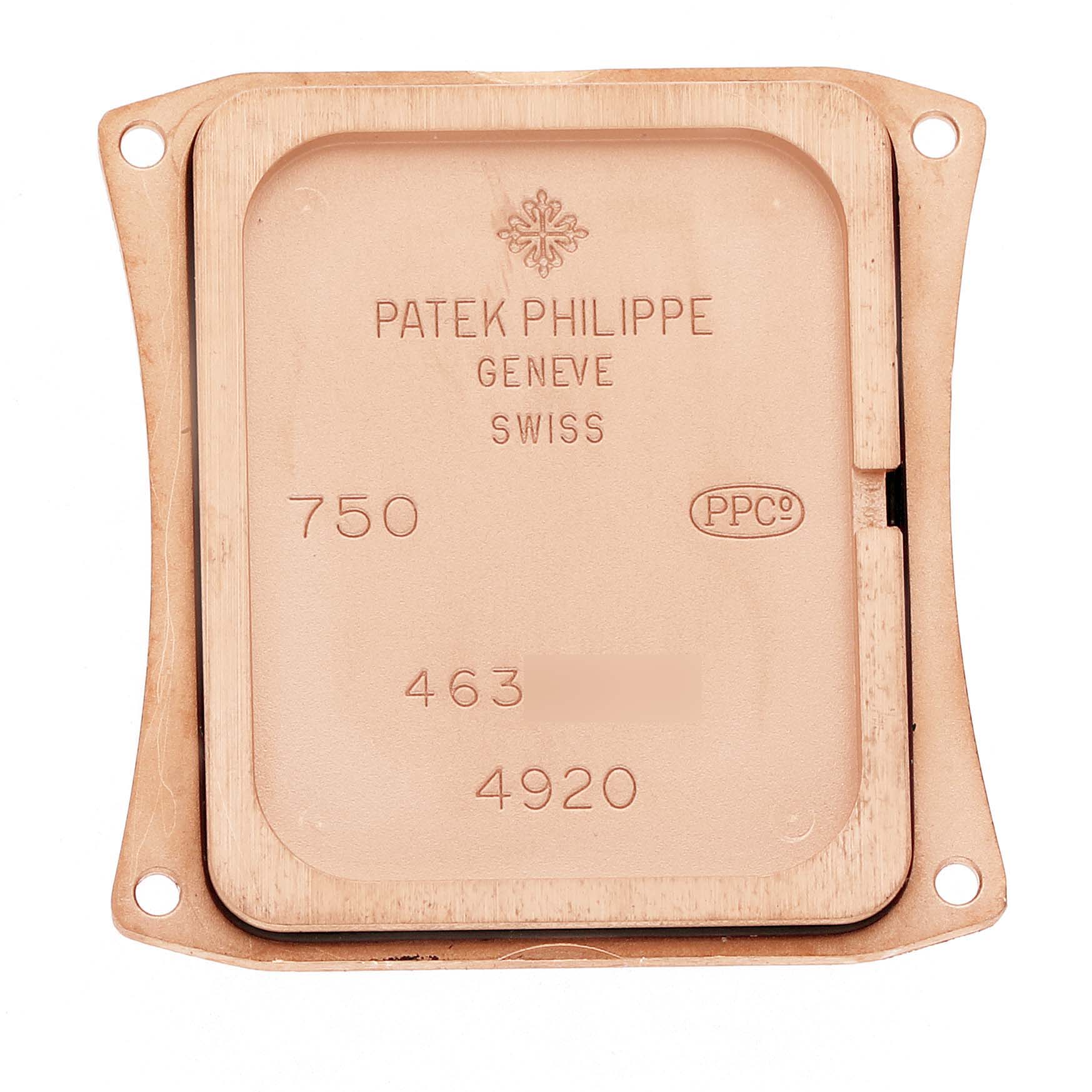 The image shows the backplate of a Patek Philippe Twenty-4 4920R-010 Women's Rose Gold Silver Dial watch, highlighting engravings and serial details.