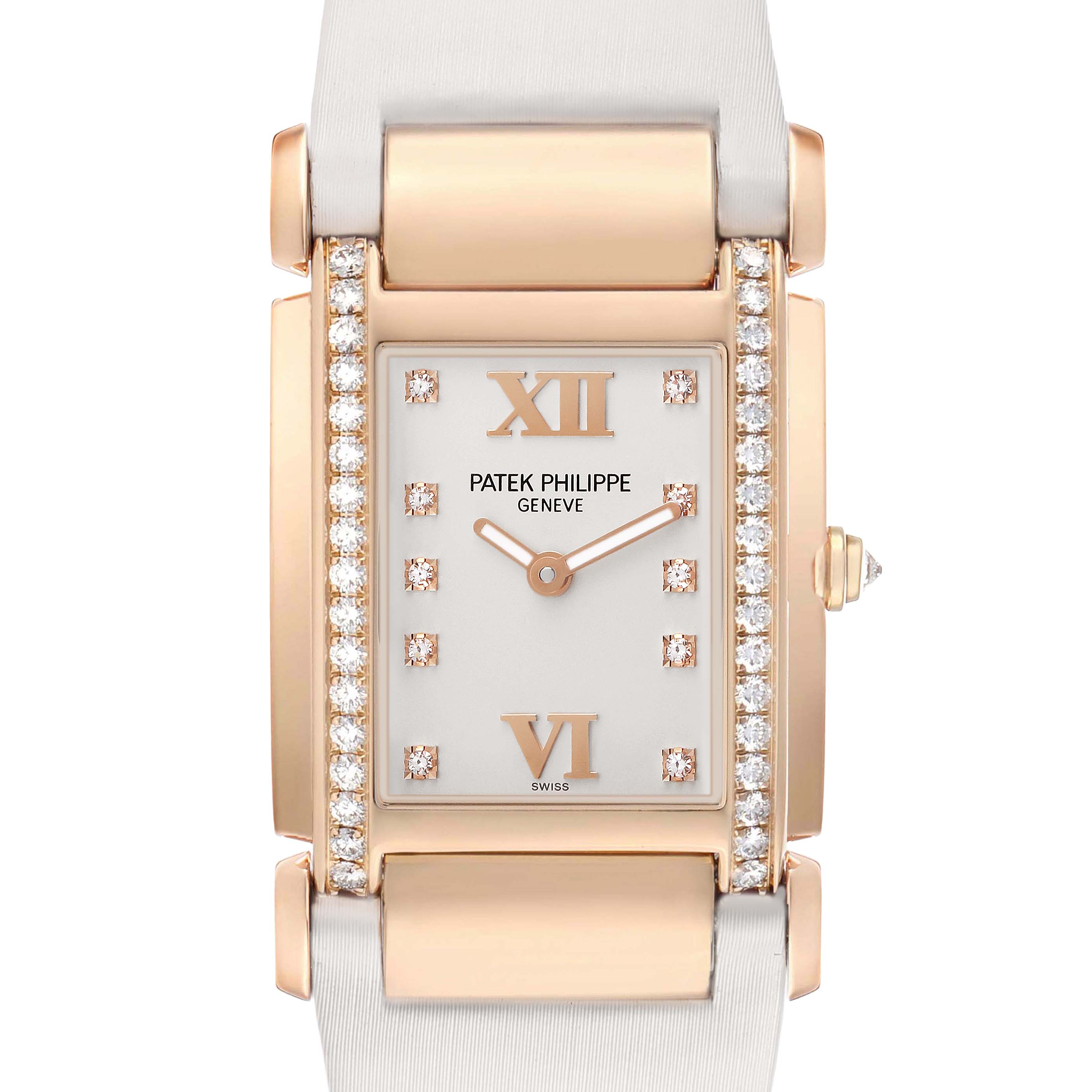 The Patek Philippe Twenty-4 4920R-010 Women's Rose Gold Silver Dial watch is shown from a front angle, highlighting its rectangular case and diamond details.