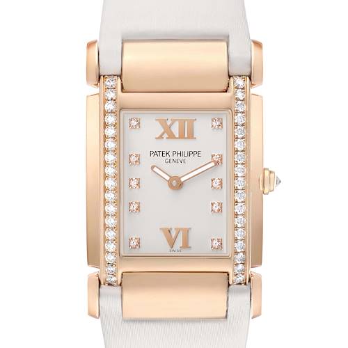 The image shows a frontal view of a Patek Philippe Twenty-4 4920R-010 Women's Rose Gold Silver Dial watch, highlighting its rectangular face, diamond accents, and metal band links.