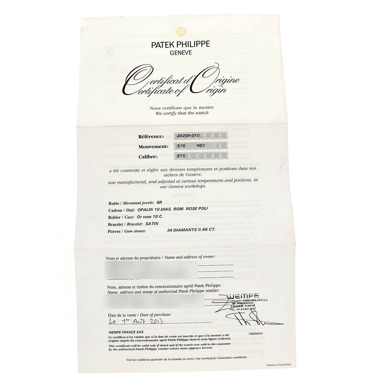 This image shows a Certificate of Origin for a Patek Philippe Twenty-4 4920R-010 Women's Rose Gold Silver Dial watch, detailing specifications and purchase information.
