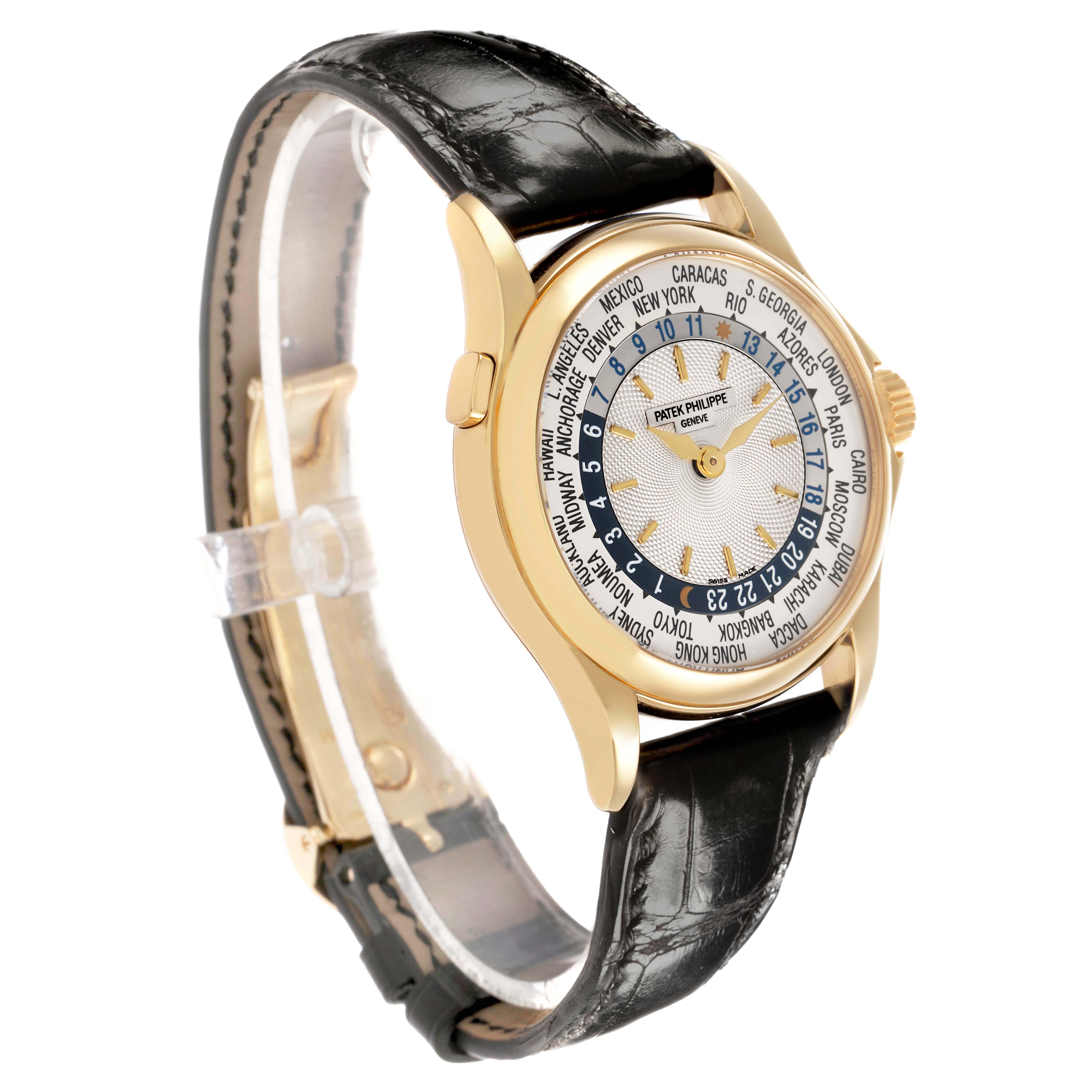 The Patek Philippe Complications 5110J-001 Men's Yellow Gold Silver Dial watch is shown at a side angle, highlighting its case, bezel, dial, and leather strap.