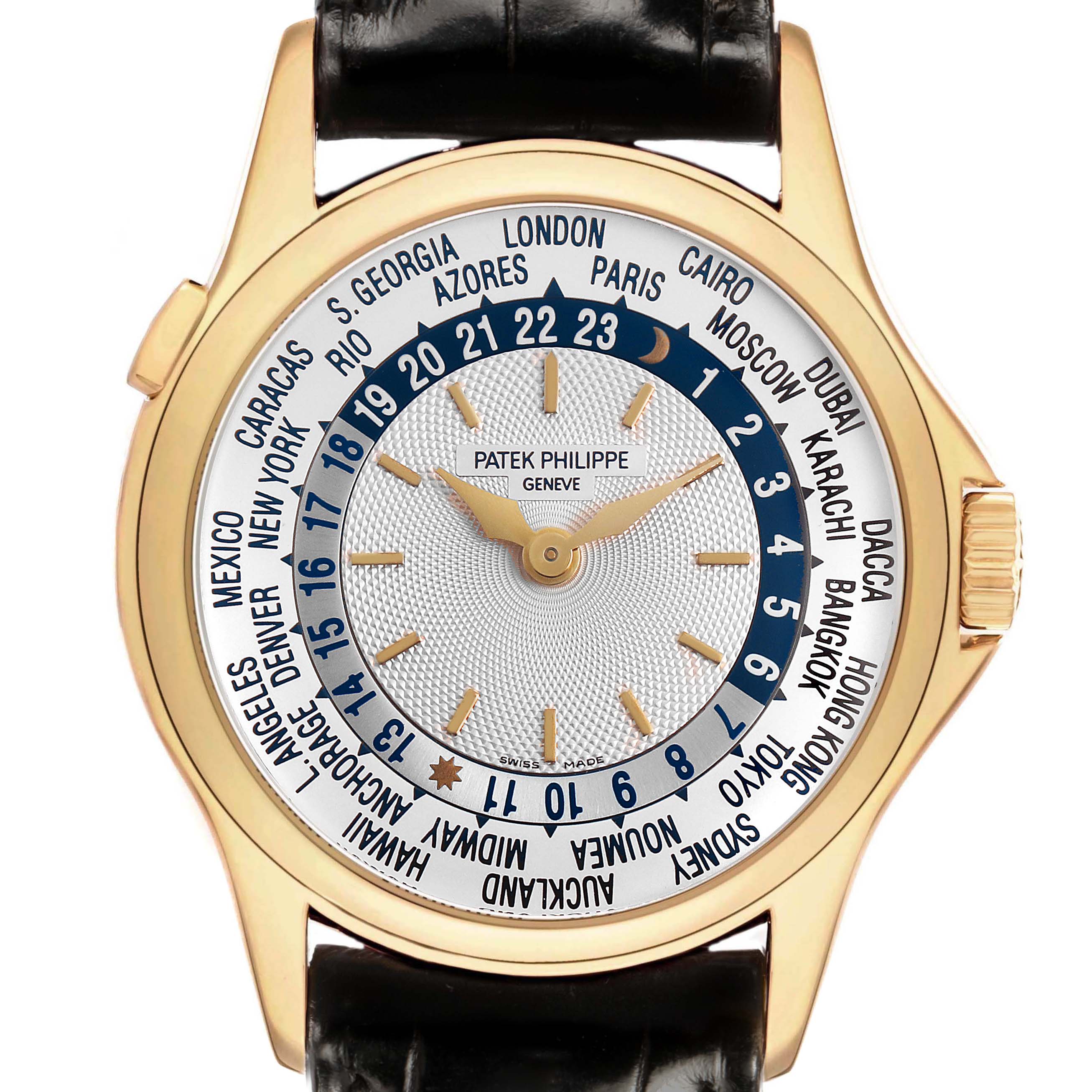 The image shows a front view of the Patek Philippe Complications 5110J-001 Men's Yellow Gold Silver Dial watch, highlighting its world time and hour markers.