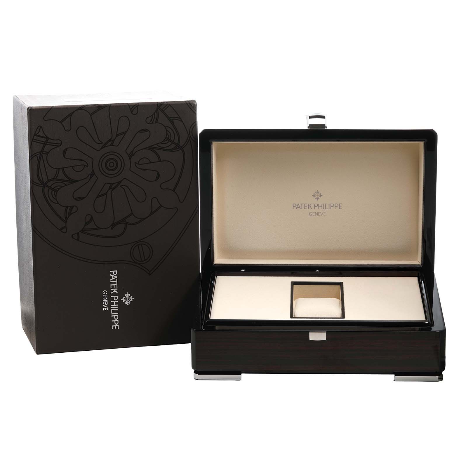 The image shows a Patek Philippe Complications 5110J-001 Men's Yellow Gold Silver Dial model box and packaging, viewed from the front with the lid open.