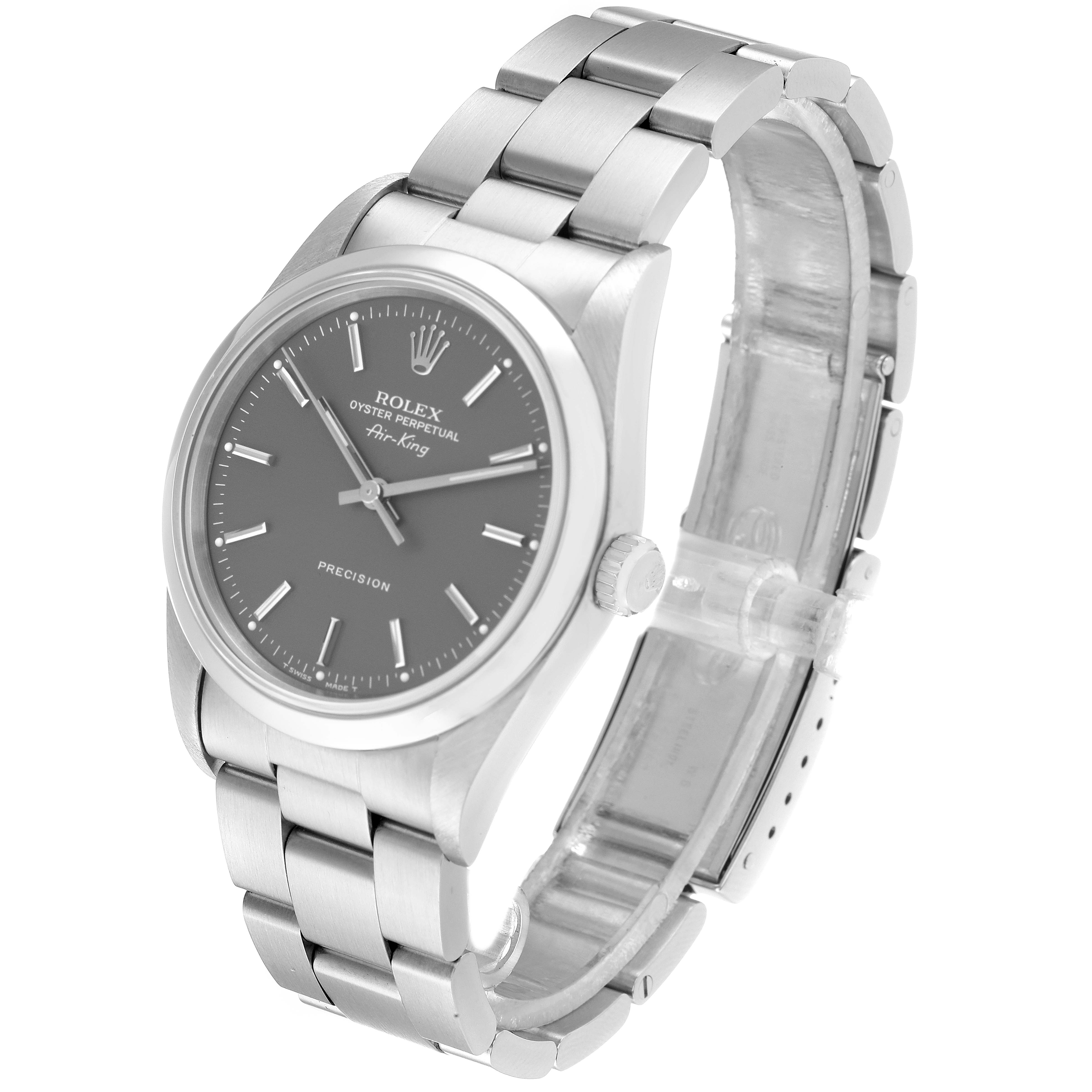 The Rolex Air-King 14000 Men's Stainless Steel Grey Dial 14000 Men's Stainless Steel Grey Dial watch is shown at a slightly angled side view, displaying the dial and bracelet.