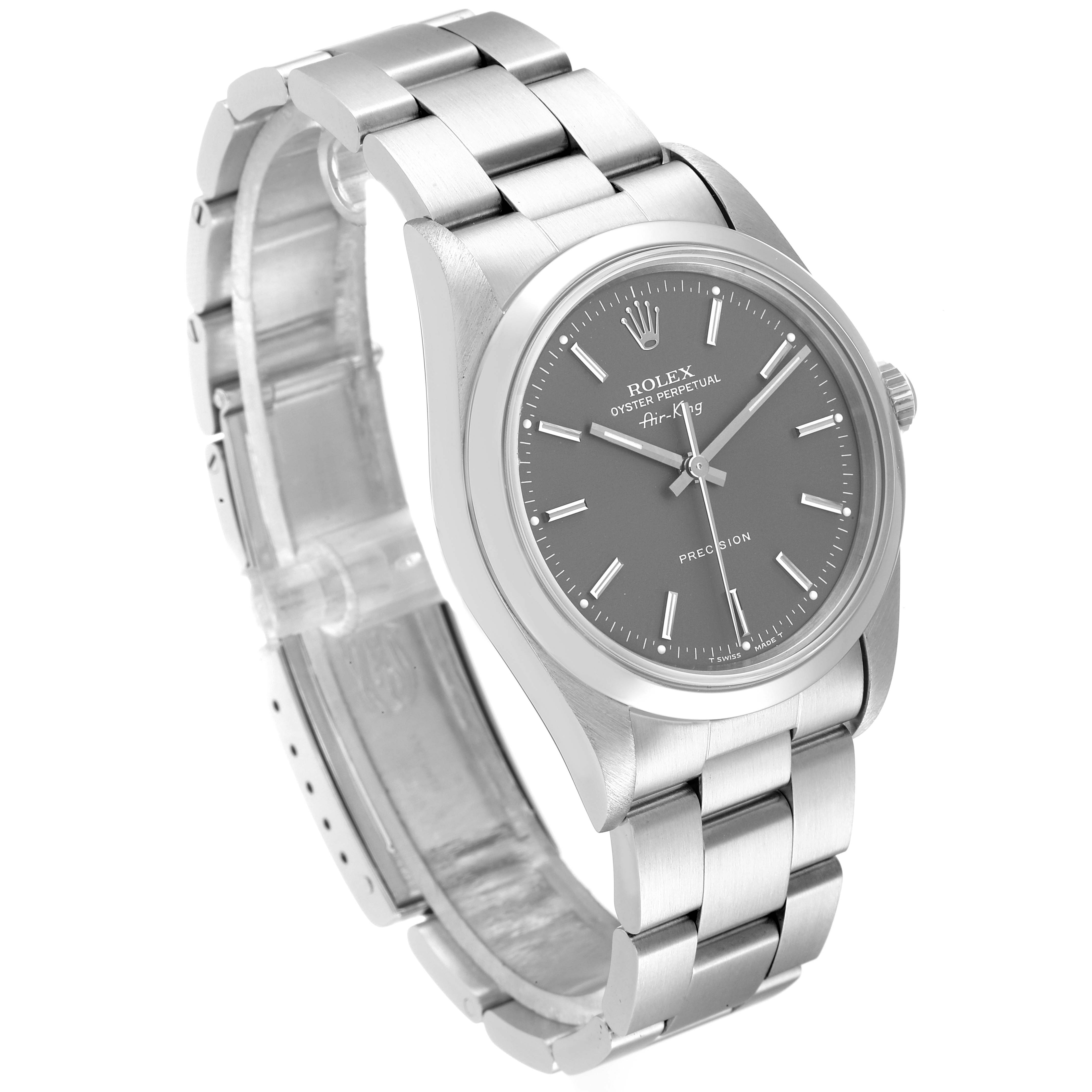 The Rolex Air-King 14000 Men's Stainless Steel Grey Dial 14000 Men's Stainless Steel Grey Dial watch is shown at a 3/4 angle, displaying its face, case, bracelet, and clasp.