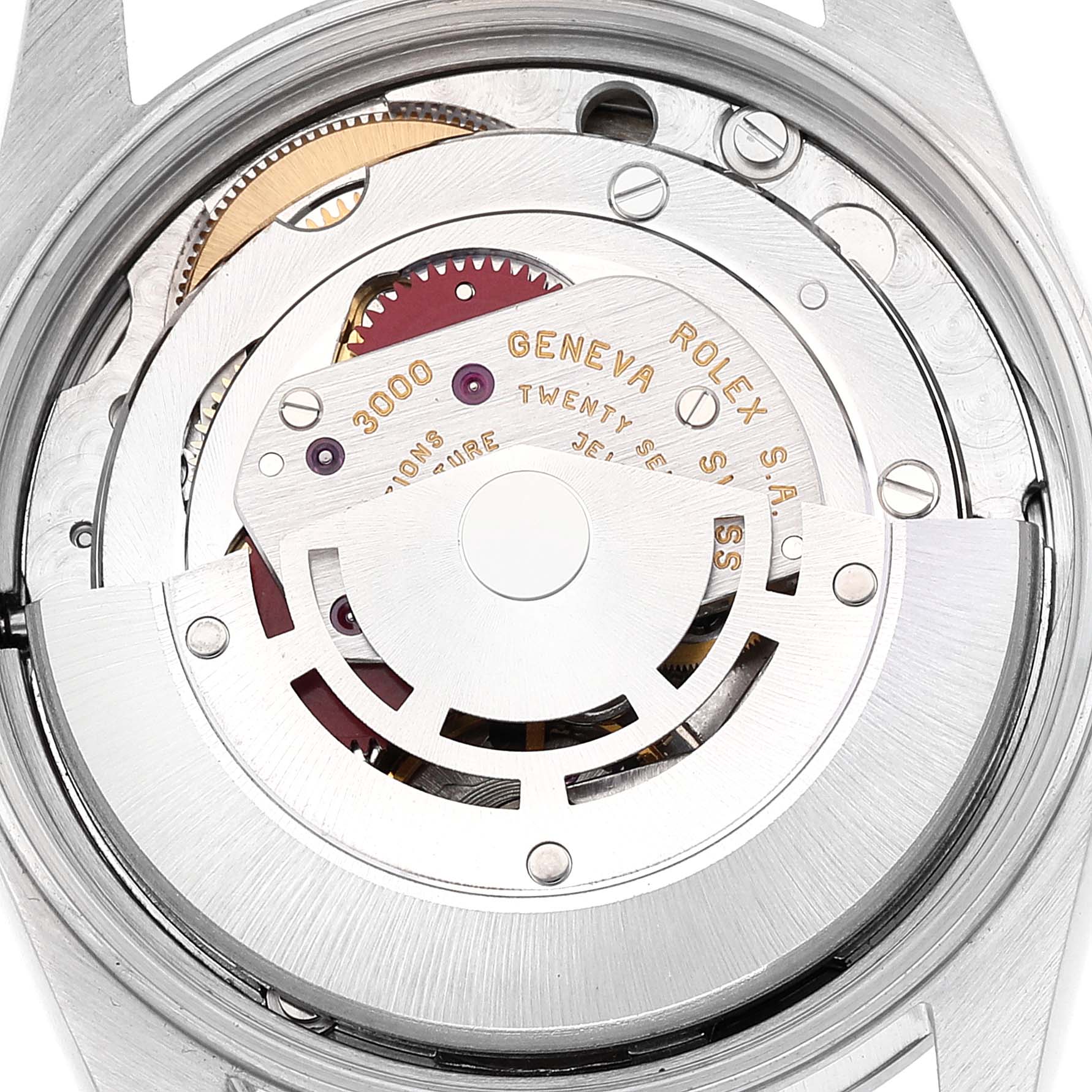 This image shows the Rolex Air-King 14000 Men's Stainless Steel Grey Dial 14000 Men's Stainless Steel Grey Dial watch's movement from a close-up rear view, displaying internal components and engravings.