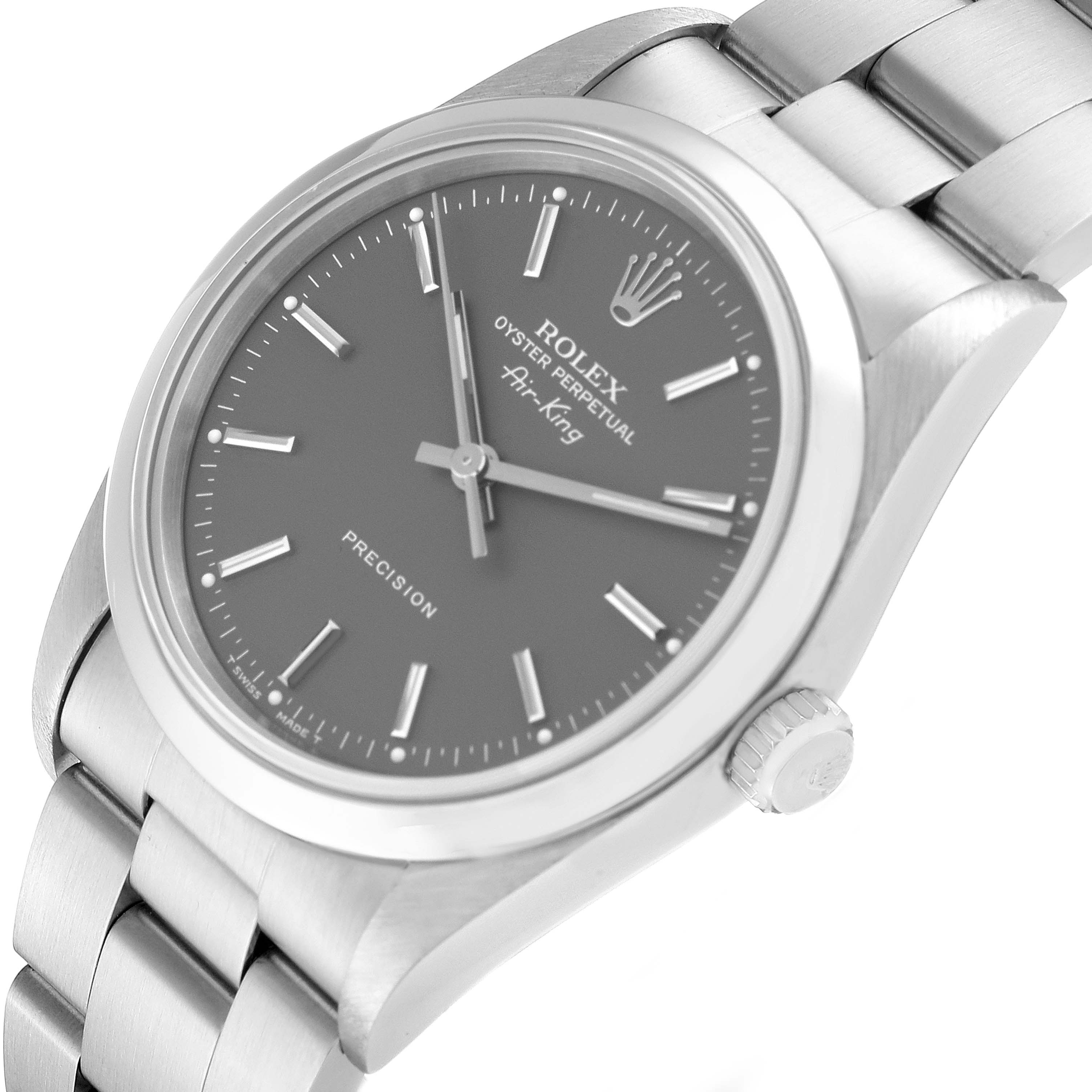 The image shows the Rolex Air-King 14000 Men's Stainless Steel Grey Dial 14000 Men's Stainless Steel Grey Dial watch at an angled top-down view, highlighting the face, bezel, crown, and part of the bracelet.