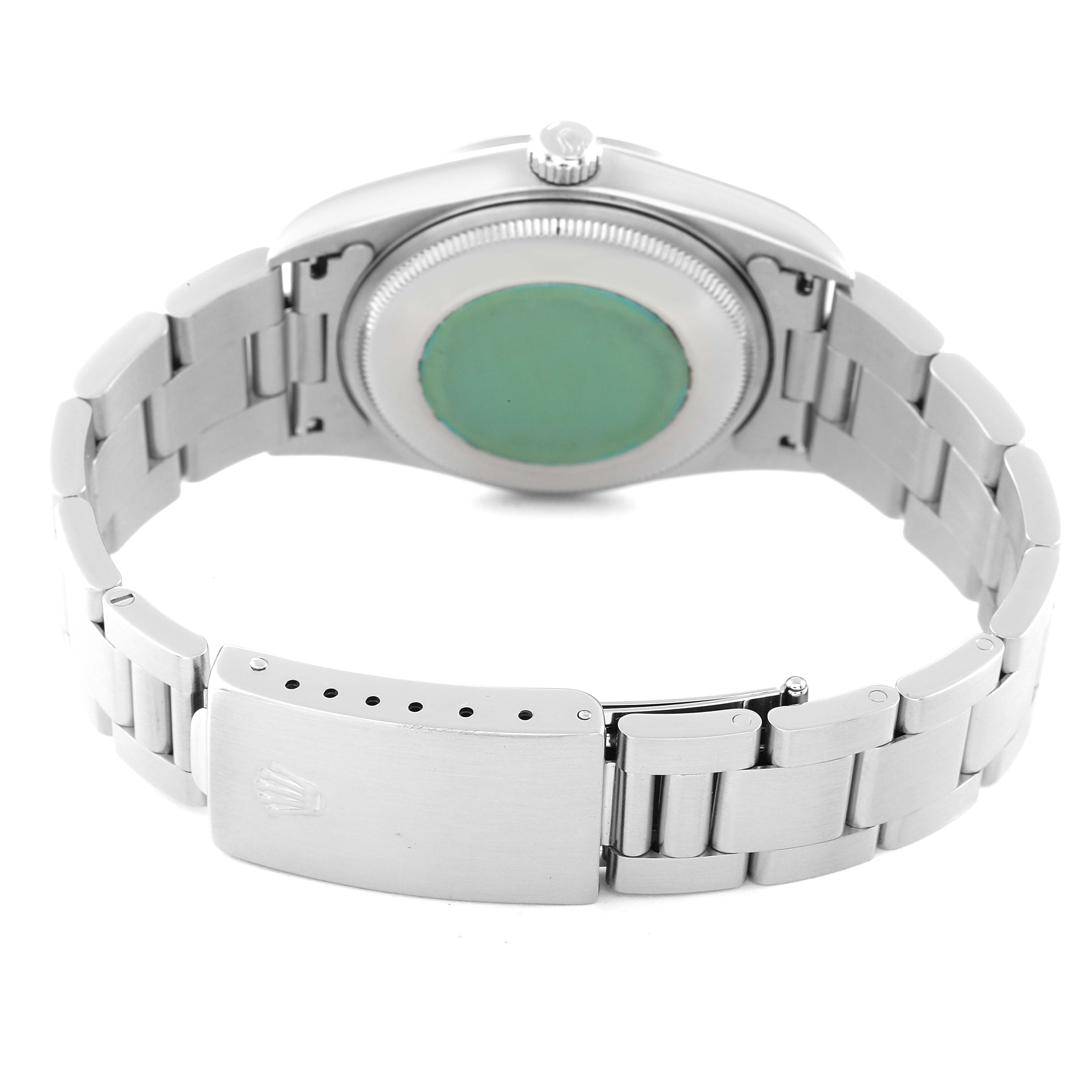 The image shows the back view of the Rolex Air-King 14000 Men's Stainless Steel Grey Dial 14000 Men's Stainless Steel Grey Dial watch, focusing on the case back and the bracelet clasp.