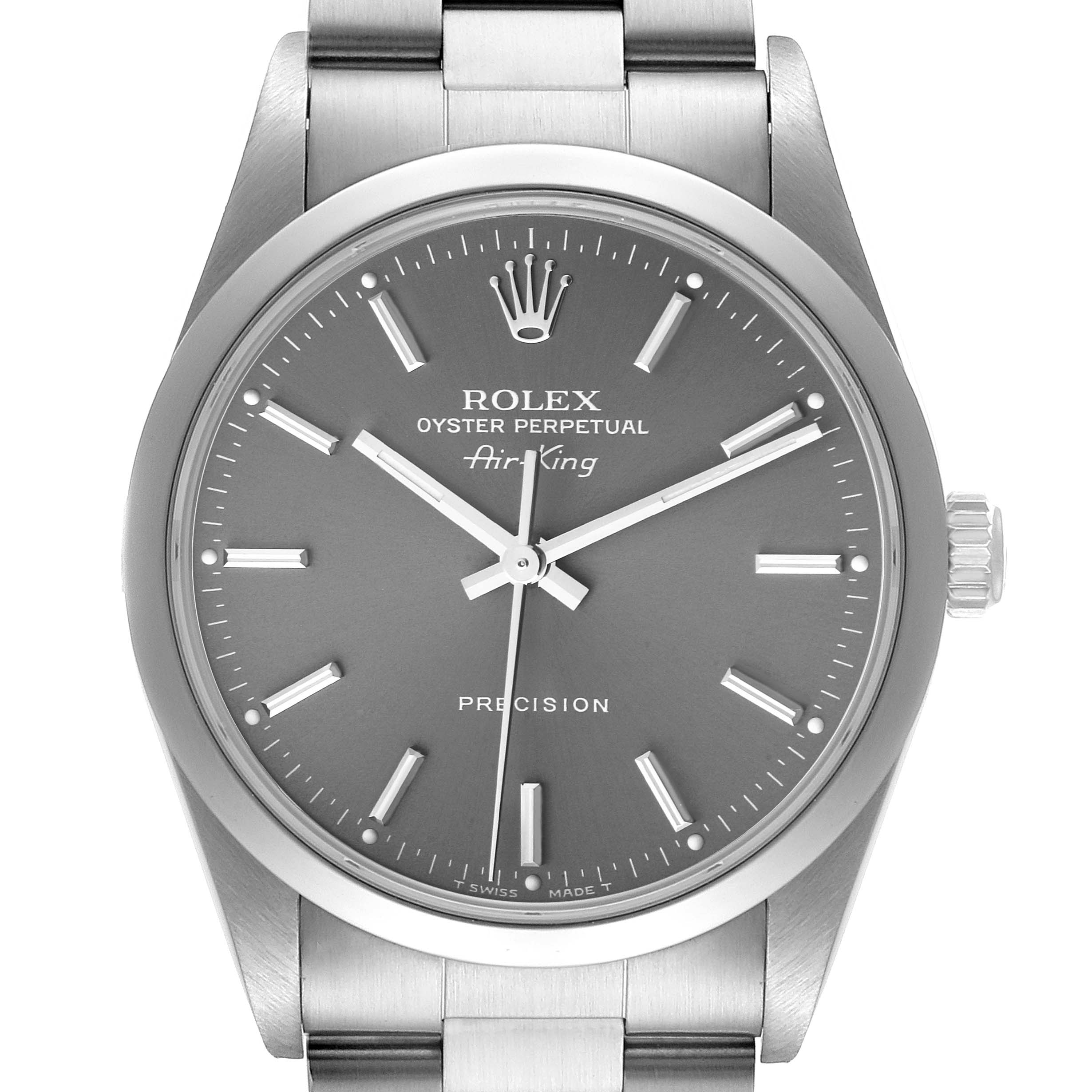 This image shows the front view of a Rolex Air-King 14000 Men's Stainless Steel Grey Dial 14000 Men's Stainless Steel Grey Dial watch, highlighting the dial, hands, and part of the bracelet.
