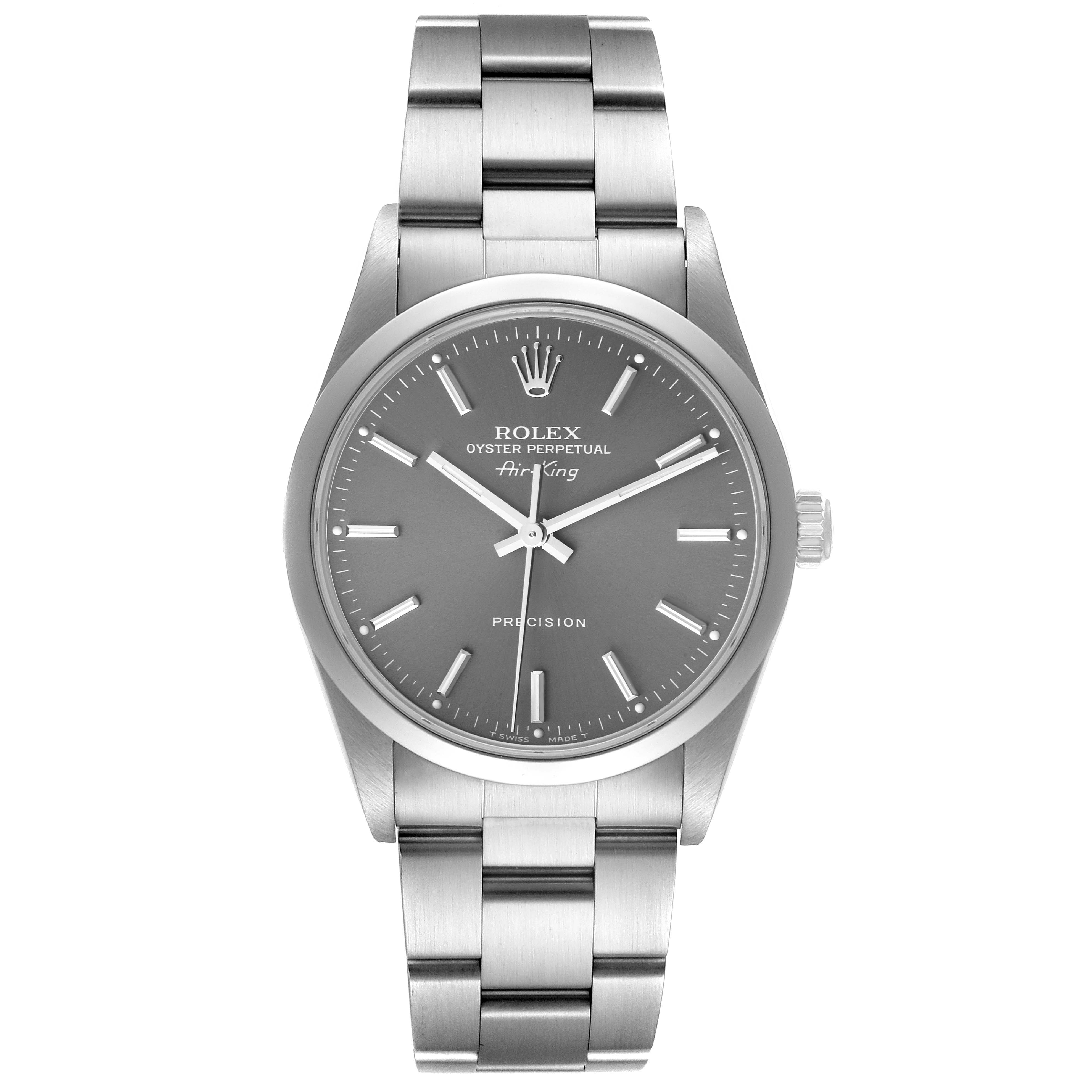 This image shows a front view of the Rolex Air-King 14000 Men's Stainless Steel Grey Dial 14000 Men's Stainless Steel Grey Dial watch, displaying its dial, hands, and bracelet.