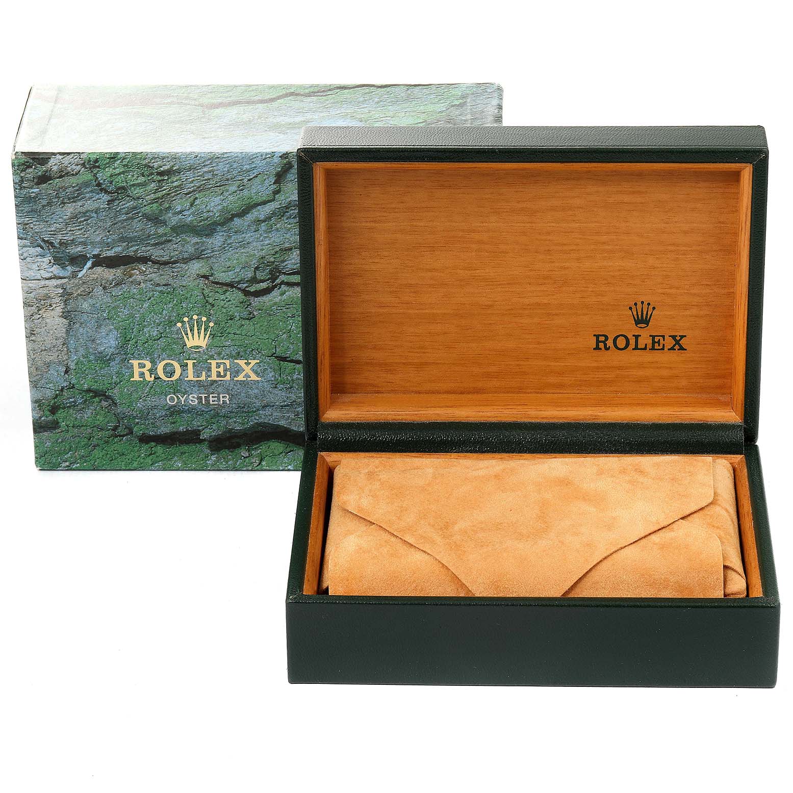 The image shows the packaging and box, including the leather pouch, for a Rolex Air-King 14010 Men's Stainless Steel Silver Dial 14010 Men's Stainless Steel Silver Dial model, seen from the front.