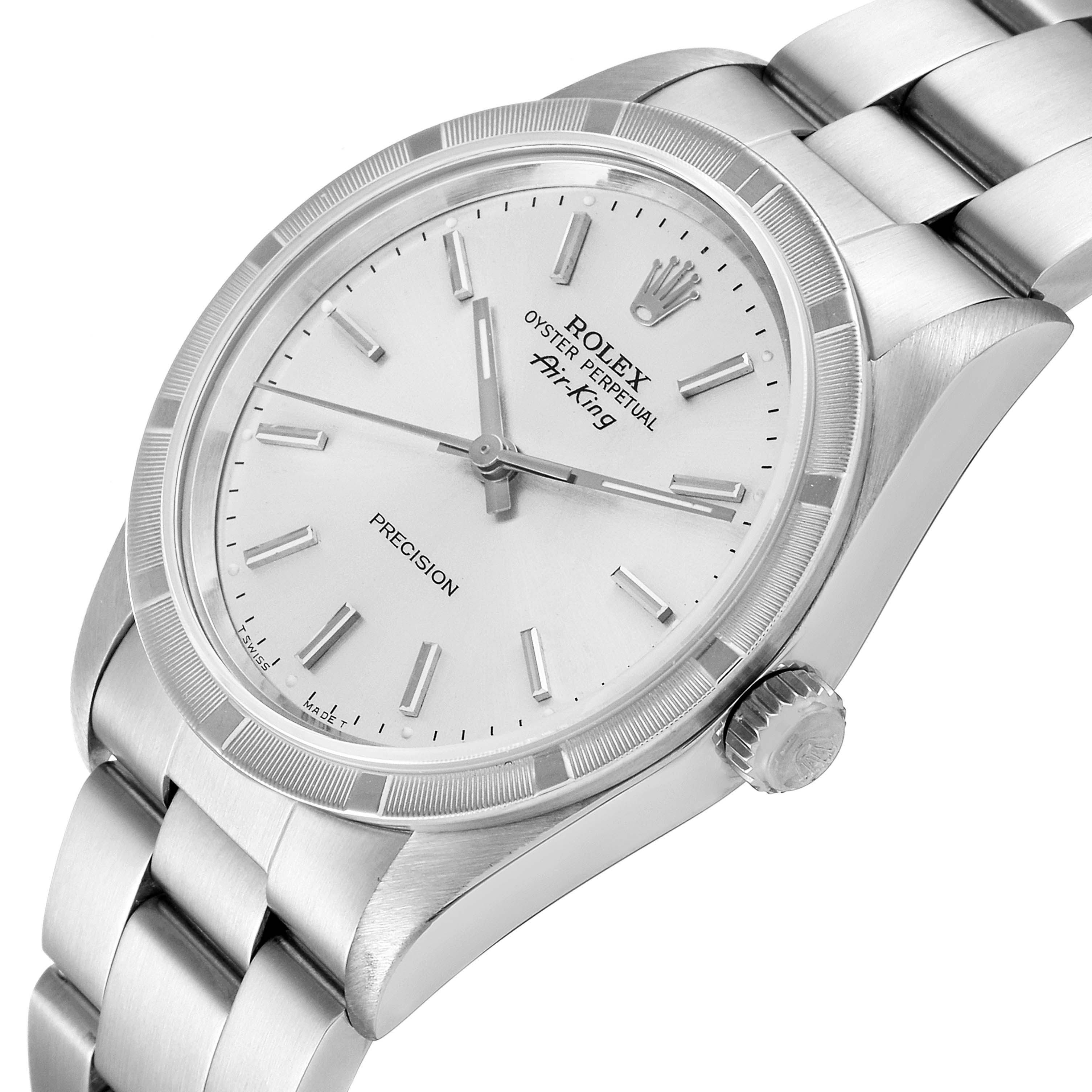 The image shows a Rolex Air-King 14010 Men's Stainless Steel Silver Dial 14010 Men's Stainless Steel Silver Dial watch angled slightly from the front, focusing on the dial, bezel, crown, and part of the bracelet.