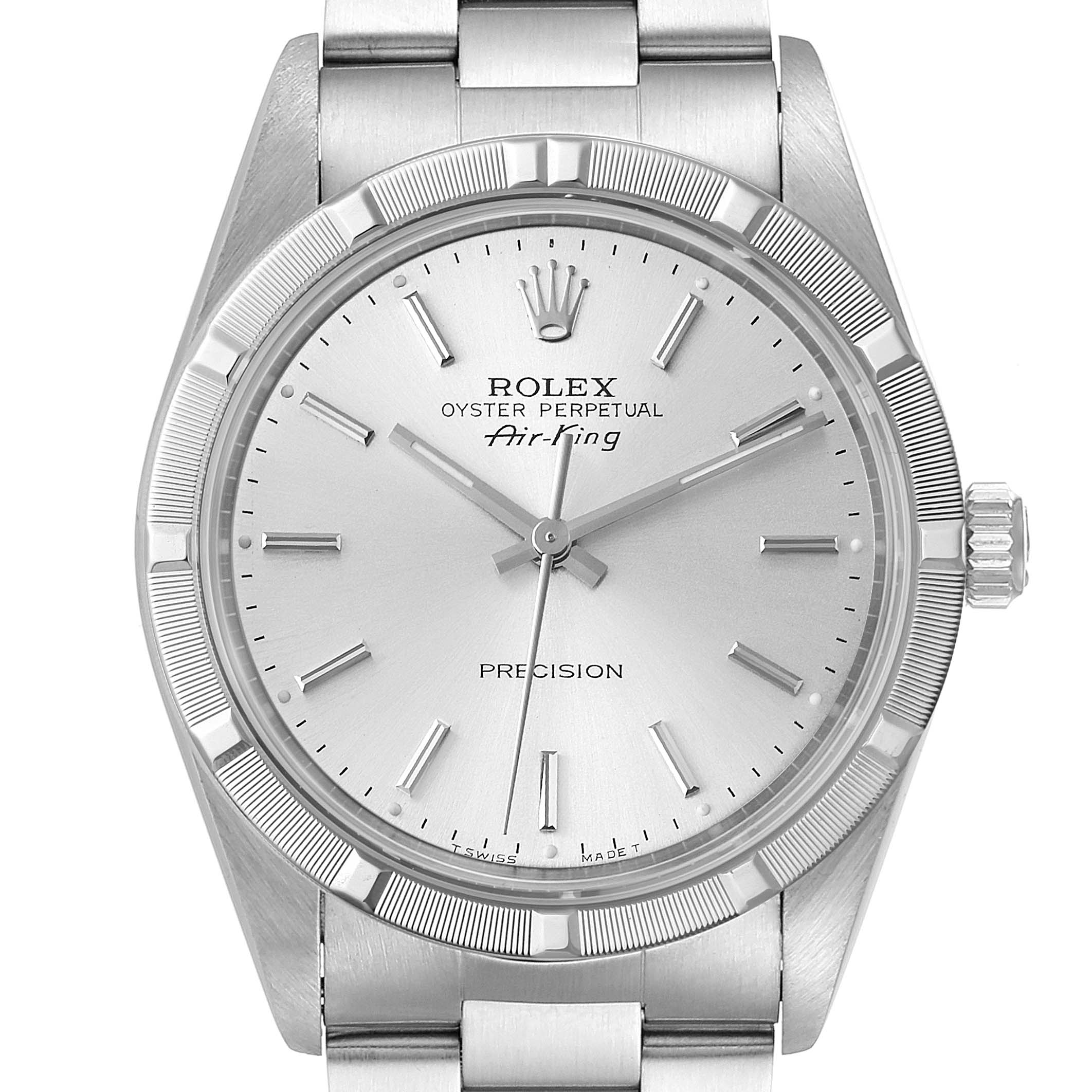 The image shows a front view of the Rolex Air-King 14010 Men's Stainless Steel Silver Dial 14010 Men's Stainless Steel Silver Dial watch displaying the dial, bezel, crown, and part of the bracelet.