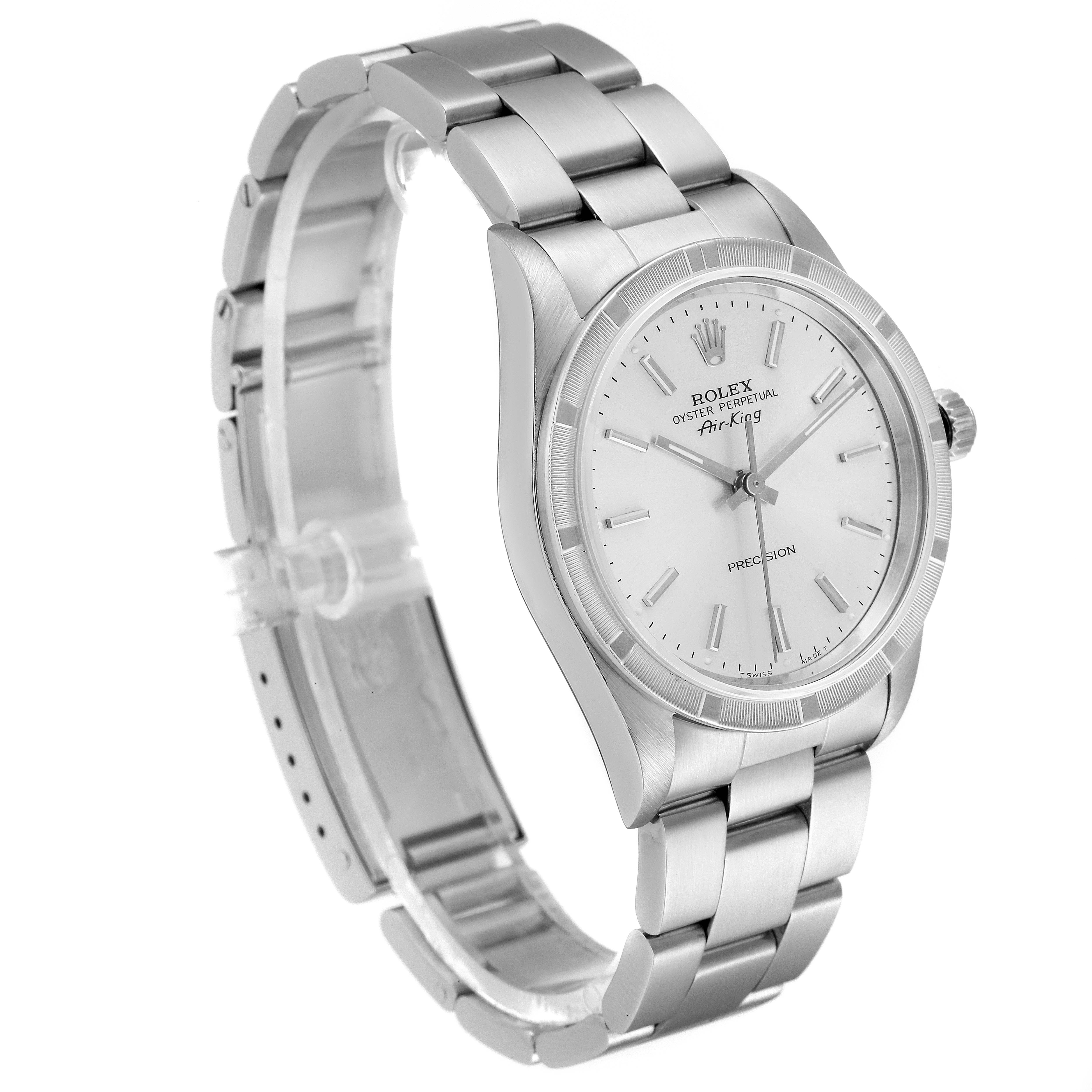 The Rolex Air-King 14010 Men's Stainless Steel Silver Dial 14010 Men's Stainless Steel Silver Dial watch is shown at a three-quarter angle, displaying the face, bezel, and bracelet.