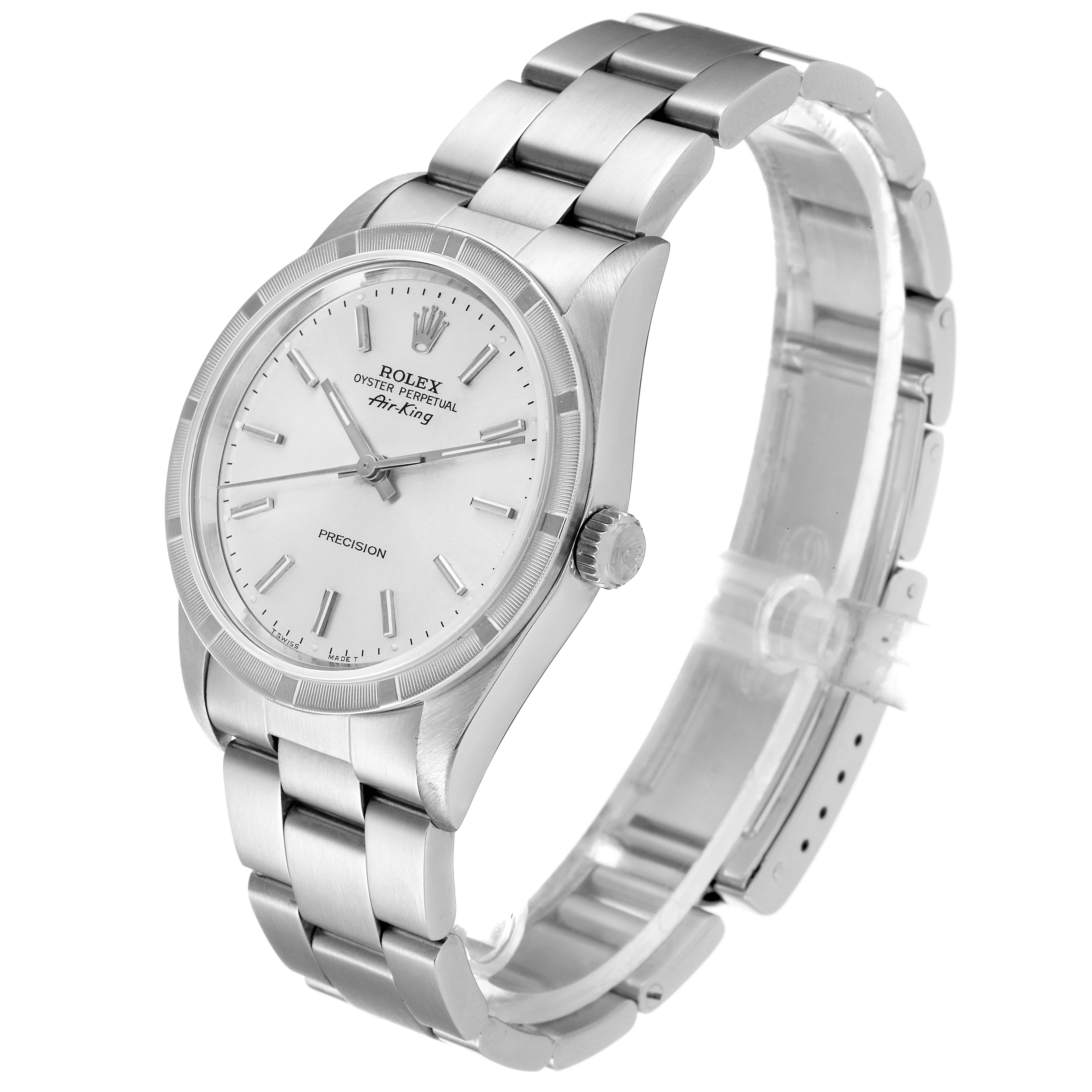 The Rolex Air-King 14010 Men's Stainless Steel Silver Dial 14010 Men's Stainless Steel Silver Dial watch is shown at a slight angle, displaying its face, band, and a portion of the side and clasp.