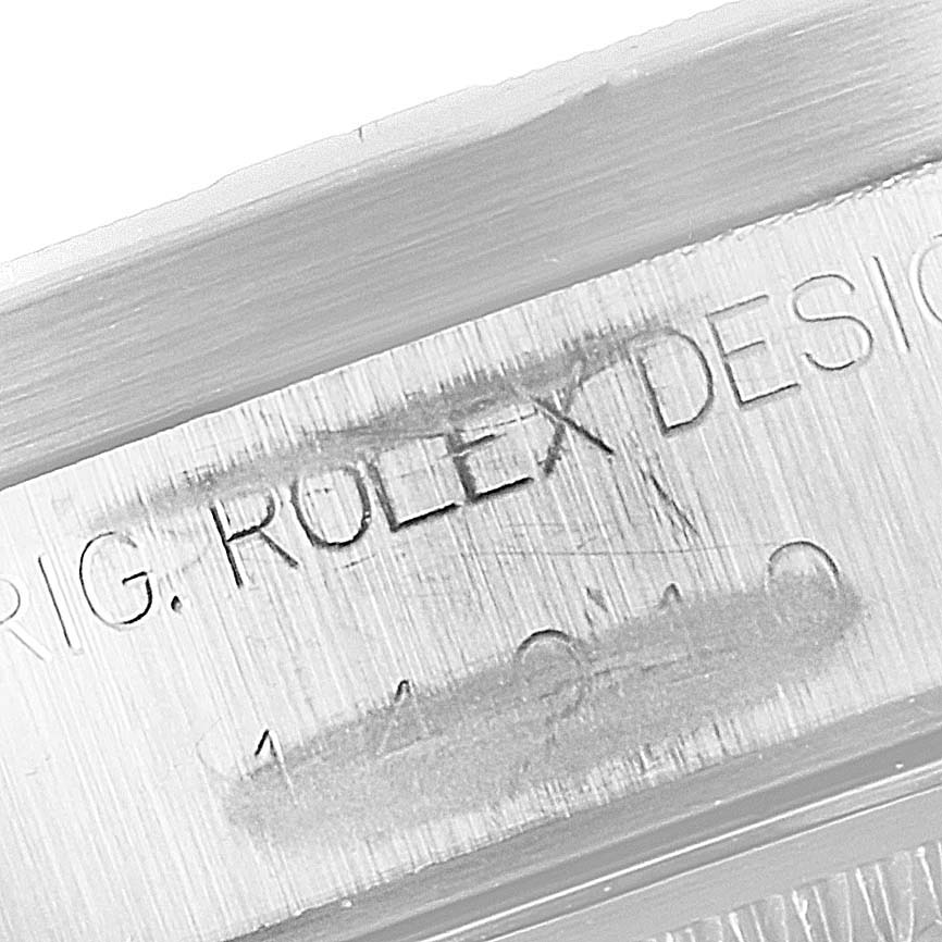 This is a close-up view of the engraving on the side of a Rolex Air-King 14010 Men's Stainless Steel Silver Dial 14010 Men's Stainless Steel Silver Dial watch.