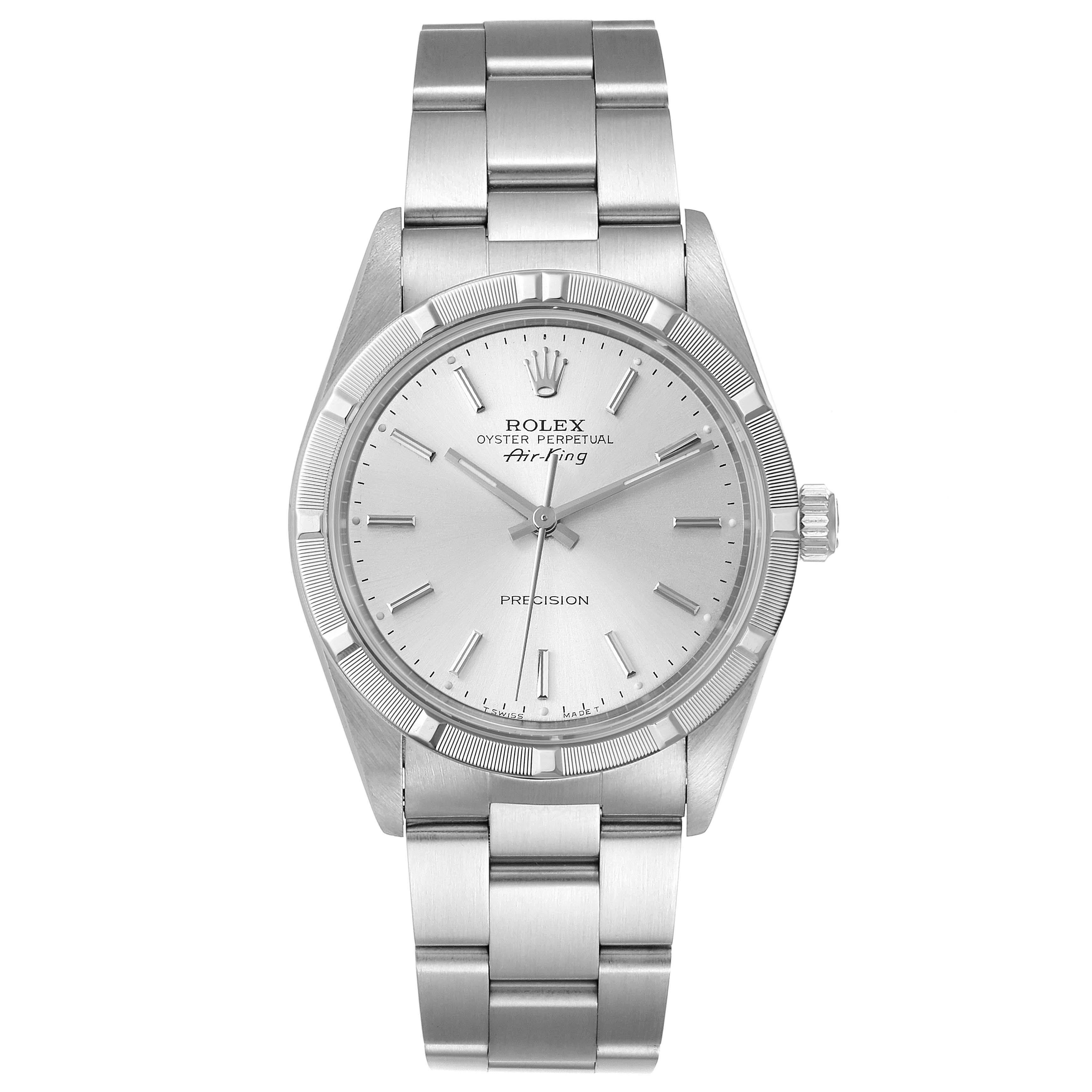 The Rolex Air-King 14010 Men's Stainless Steel Silver Dial 14010 Men's Stainless Steel Silver Dial watch is shown from a front angle, displaying its face and bracelet.