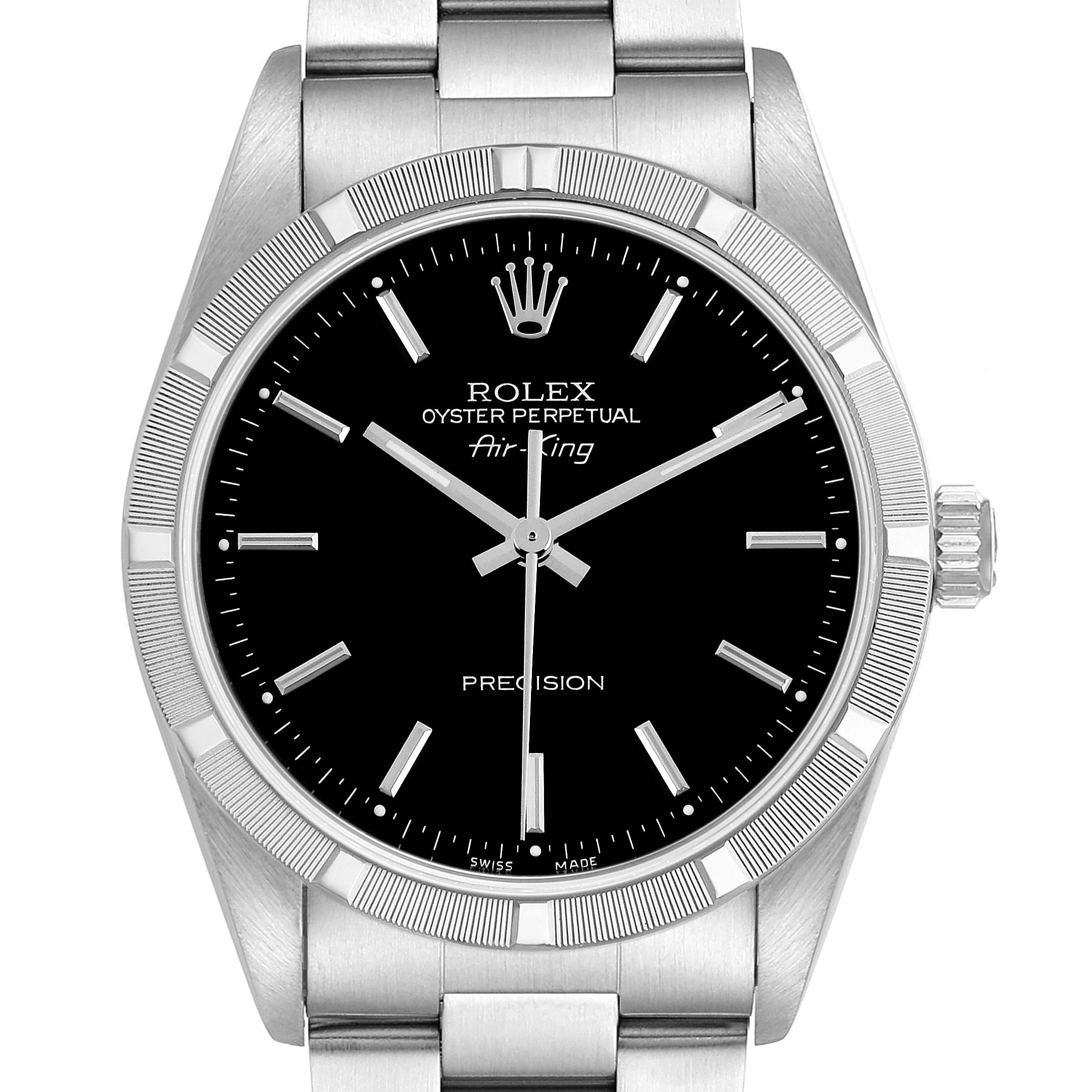 The image shows a frontal view of the Rolex Air-King 14010 Men's Stainless Steel Black Dial watch, displaying its face, bezel, crown, and part of the bracelet.