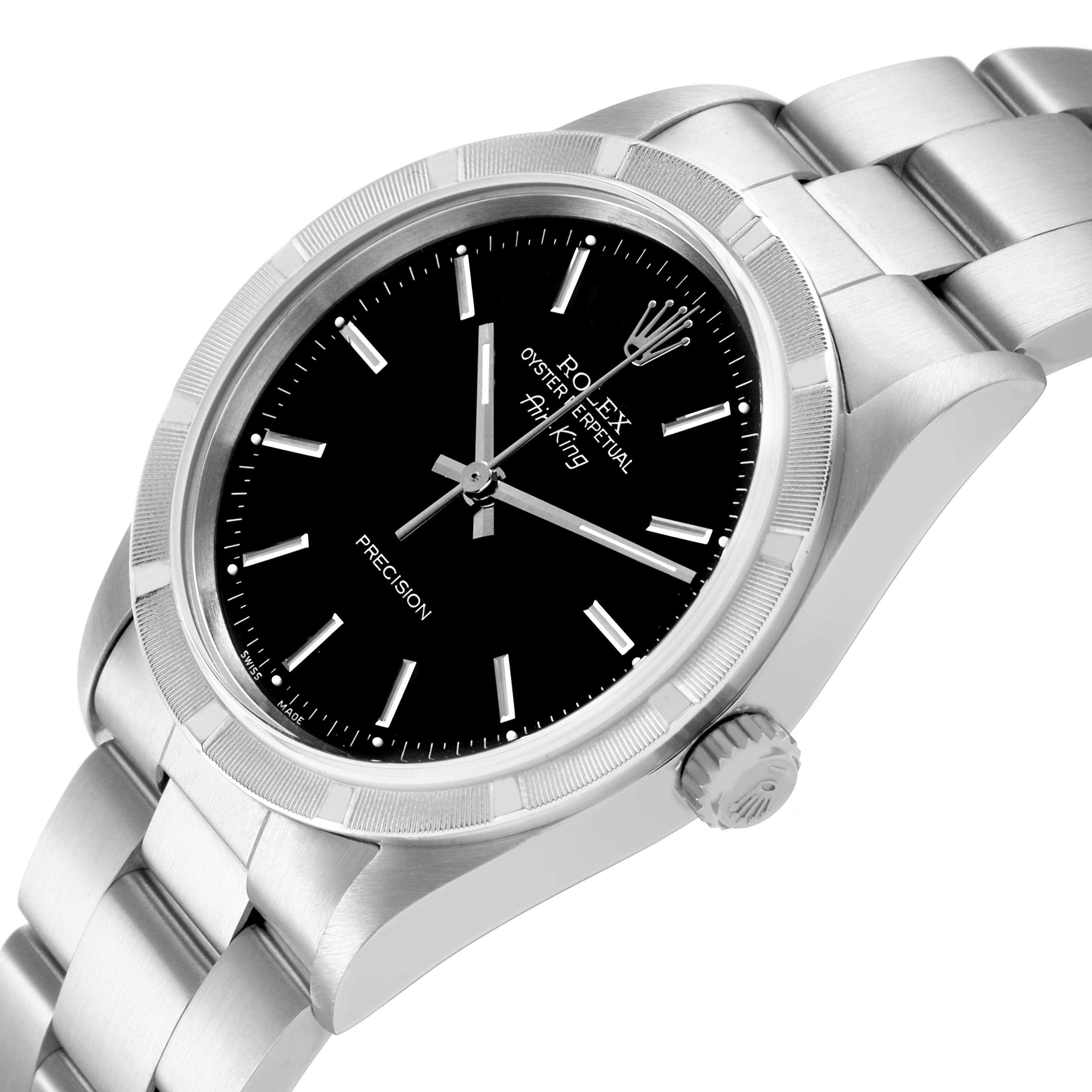 The Rolex Air-King 14010 Men's Stainless Steel Black Dial watch is shown at an angled view, highlighting the dial, bezel, crown, and bracelet.