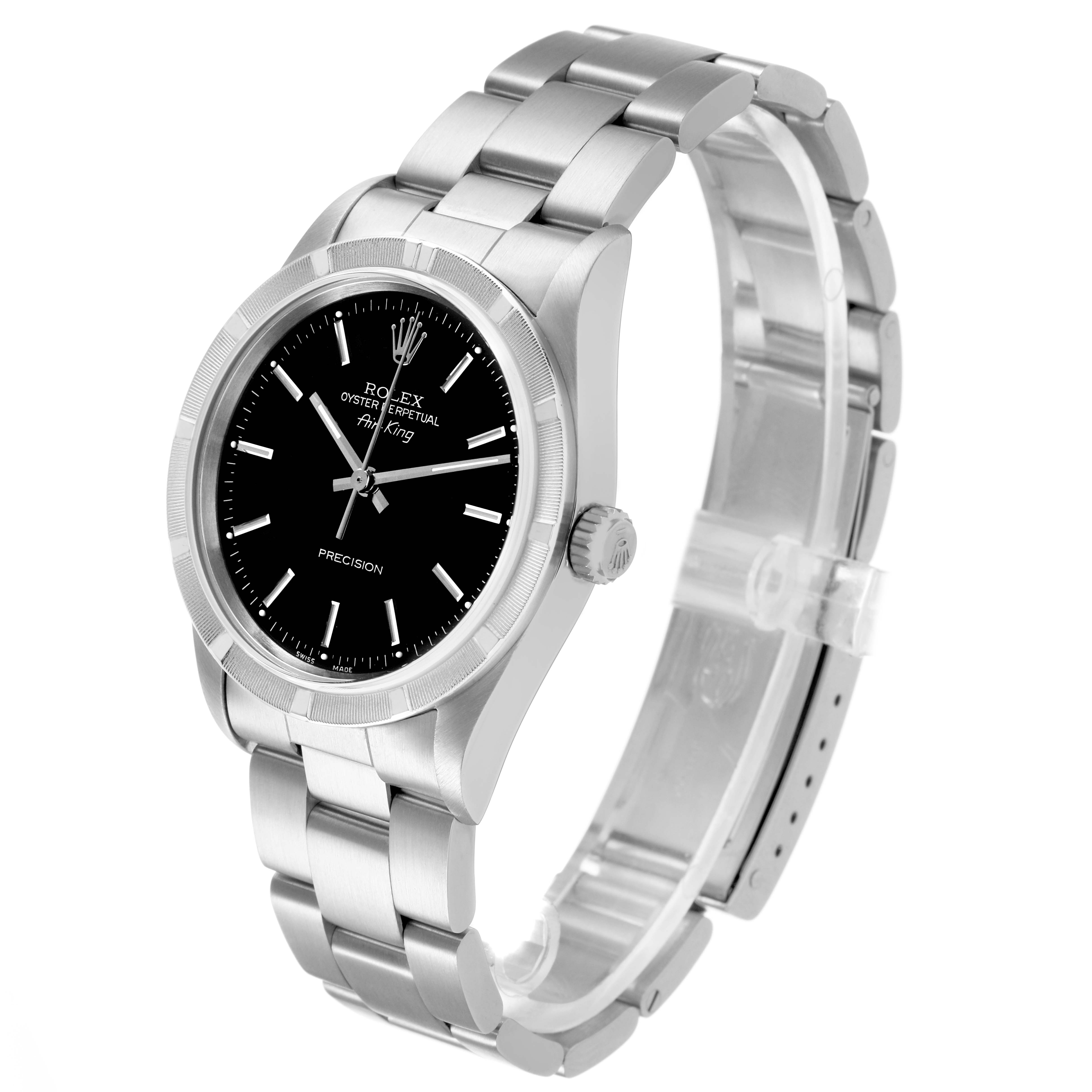 The Rolex Air-King 14010 Men's Stainless Steel Black Dial watch is shown at an angled top view, highlighting the face, bezel, bracelet, and crown.