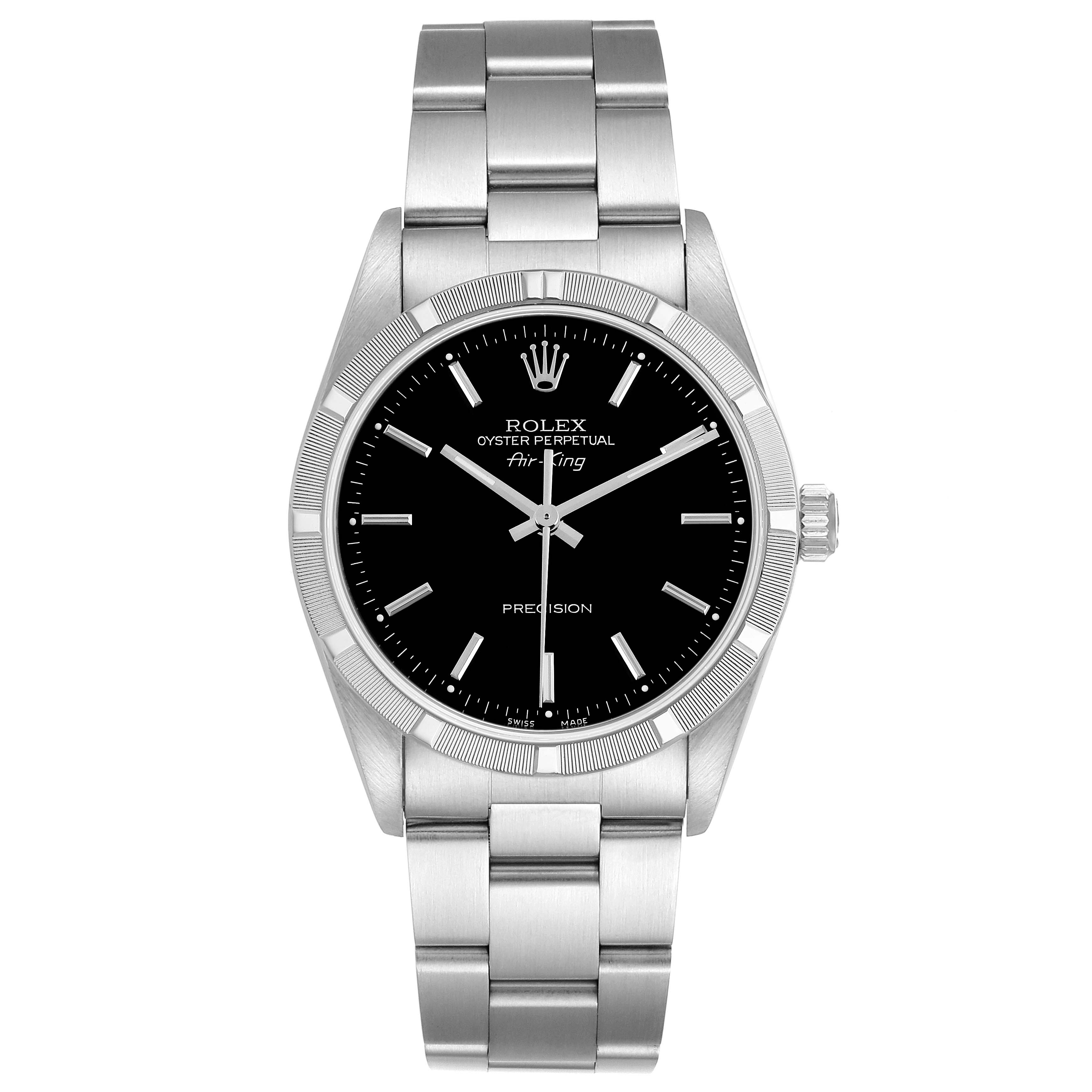 The Rolex Air-King 14010 Men's Stainless Steel Black Dial watch is shown from the front, displaying the face, bezel, crown, and bracelet.