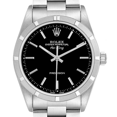 The image shows a frontal view of the Rolex Air-King 14010 Men's Stainless Steel Black Dial watch, highlighting the black dial, hour markers, bezel, and crown.