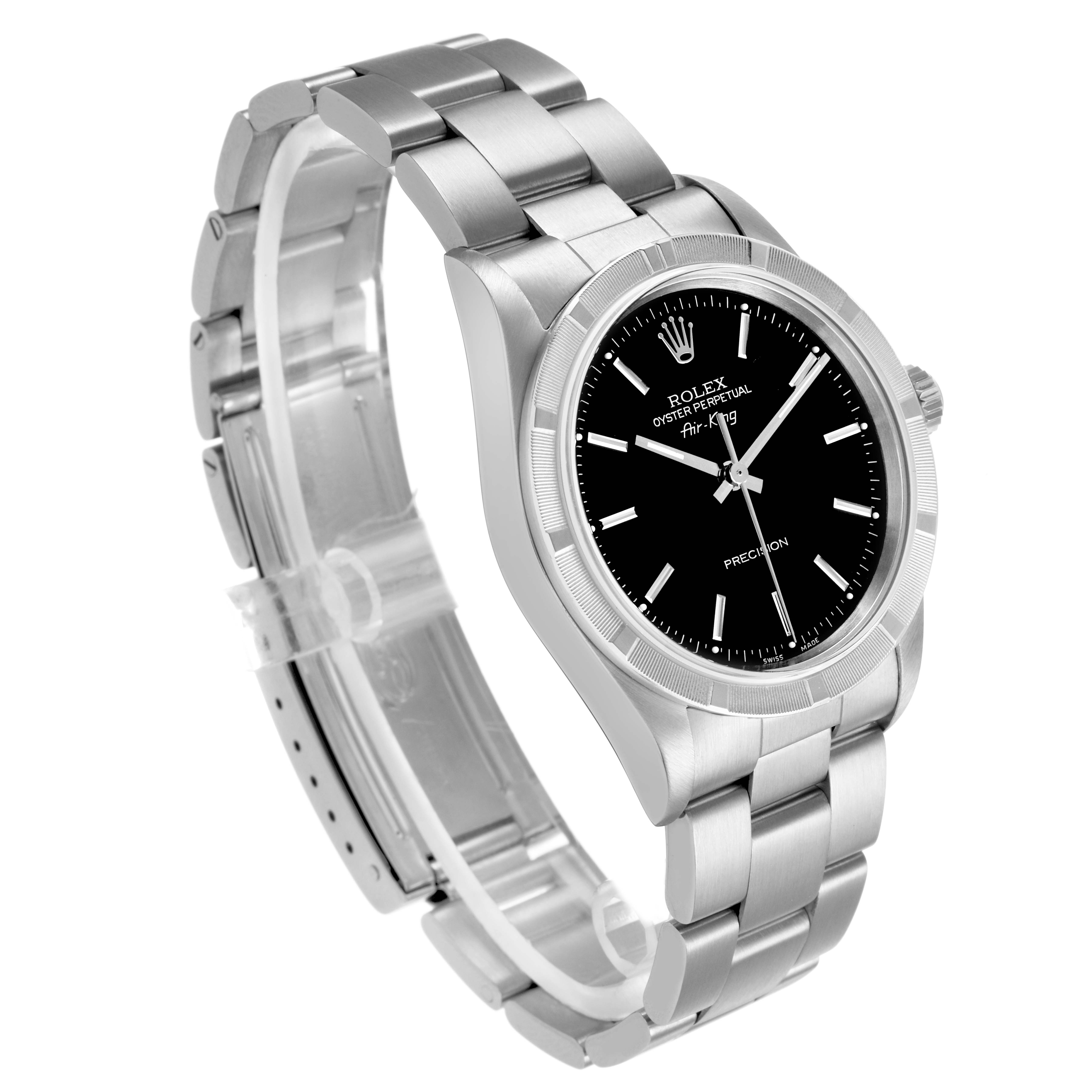 The Rolex Air-King 14010 Men's Stainless Steel Black Dial watch is shown at a three-quarter angle, highlighting the face, bezel, and bracelet.