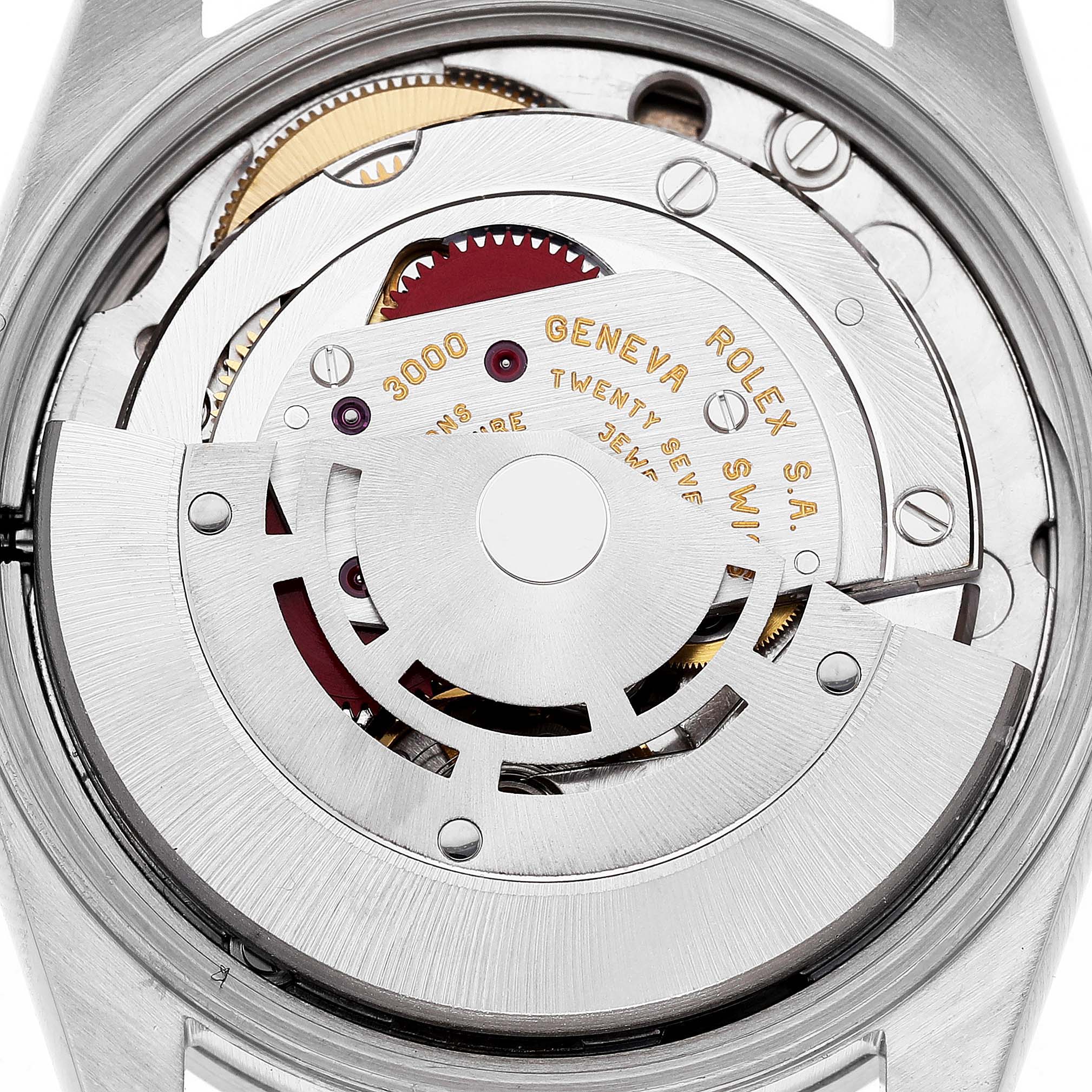 The image shows the movement of the Rolex Air-King 14010 Men's Stainless Steel Black Dial watch from a back angle, highlighting the rotor and gears.
