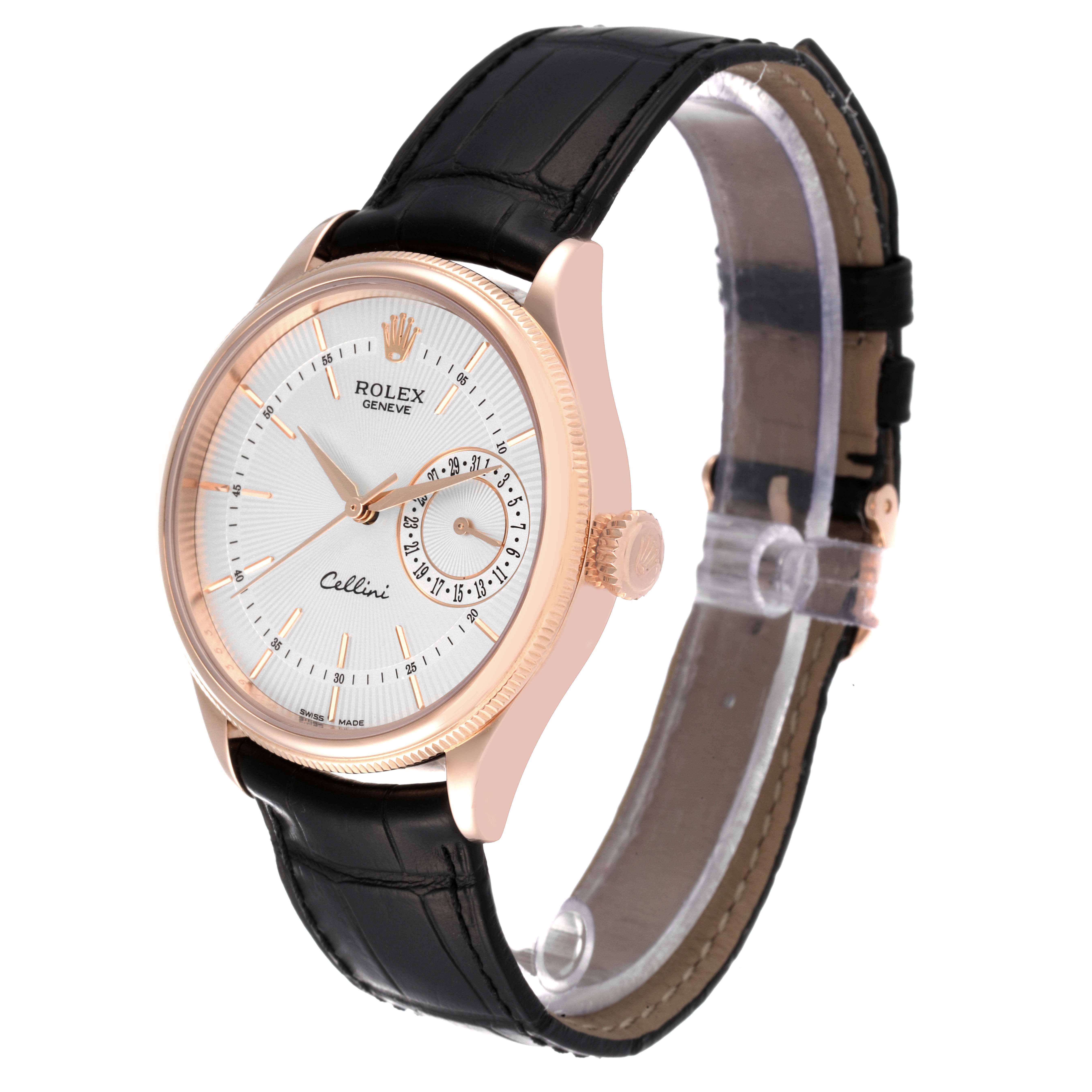The Rolex Cellini 50515 Men's Rose Gold Silver Dial 50515 Men's Rose Gold Silver Dial watch is shown at an angle displaying its face, side, crown, and black leather strap.