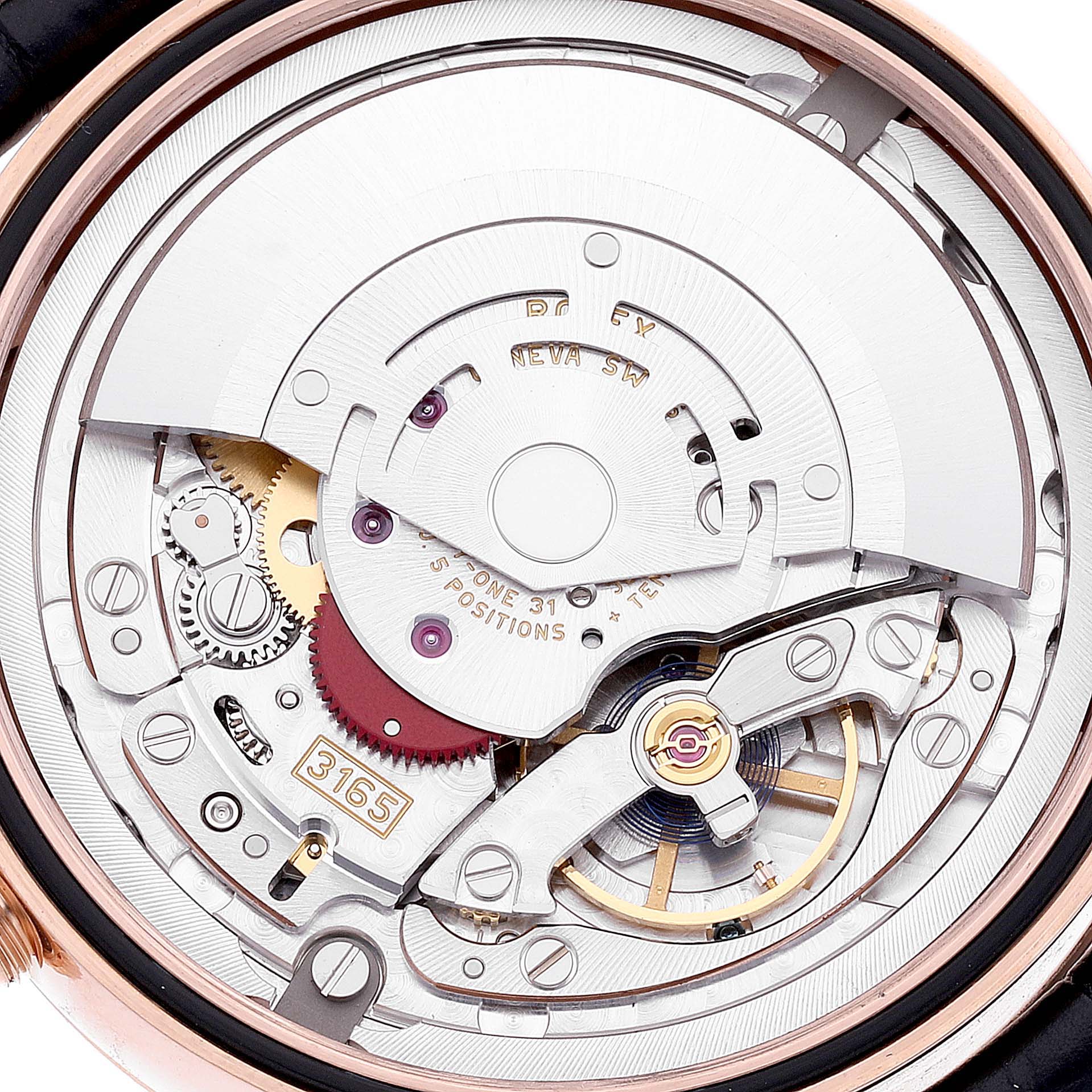 The image shows the intricate internal movement mechanism of the Rolex Cellini 50515 Men's Rose Gold Silver Dial 50515 Men's Rose Gold Silver Dial watch from a rear, close-up angle.