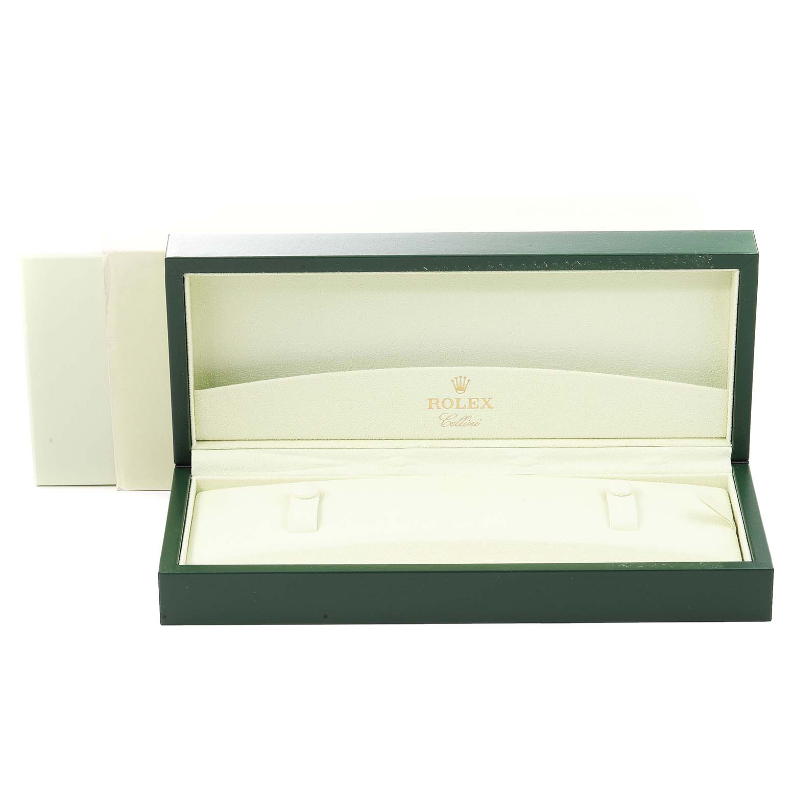 This image shows the open, empty box for a Rolex Cellini 50515 Men's Rose Gold Silver Dial 50515 Men's Rose Gold Silver Dial watch, angled from the front.