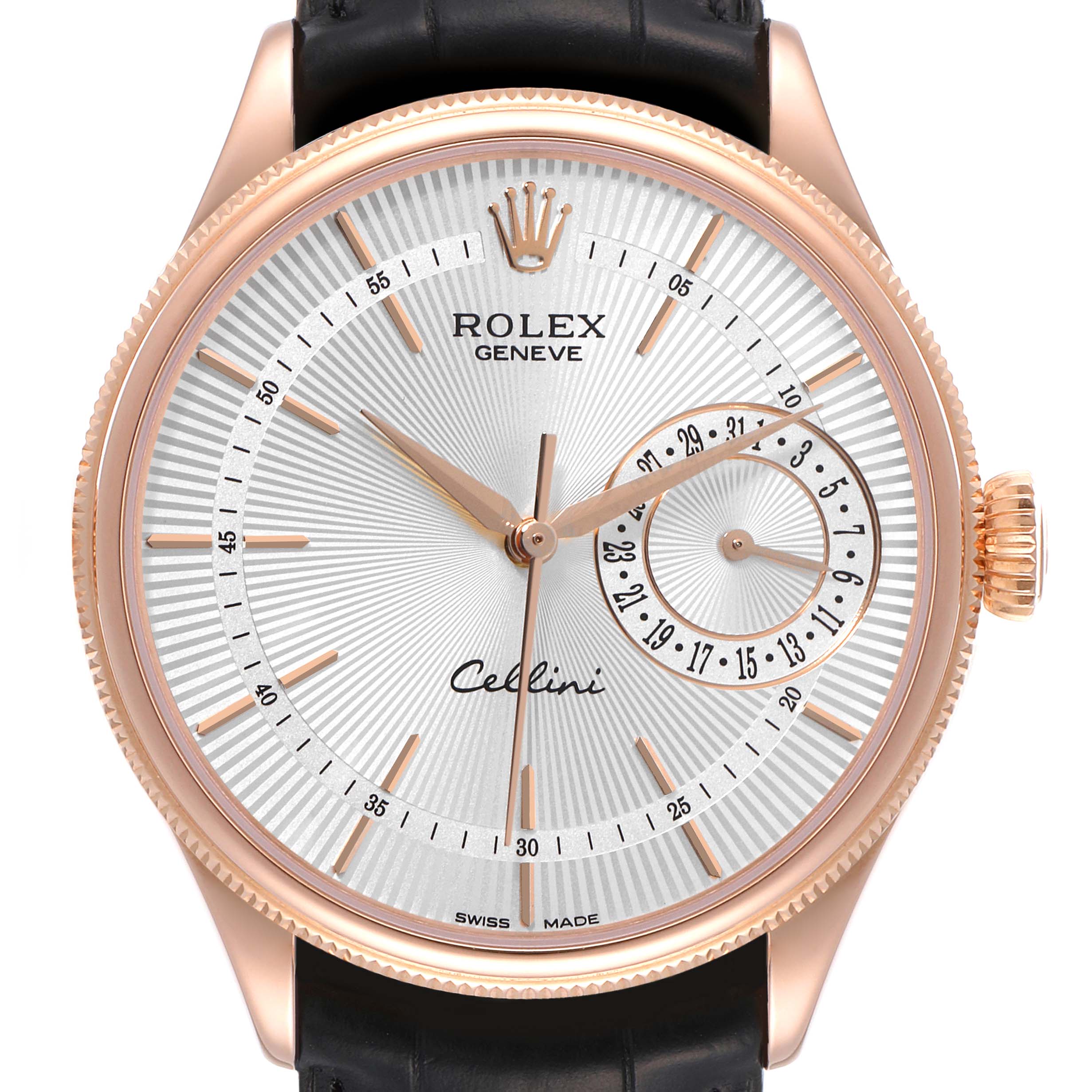The image shows a front view of a Rolex Cellini 50515 Men's Rose Gold Silver Dial 50515 Men's Rose Gold Silver Dial watch face, complete with hour indices, a date subdial, and a crown.