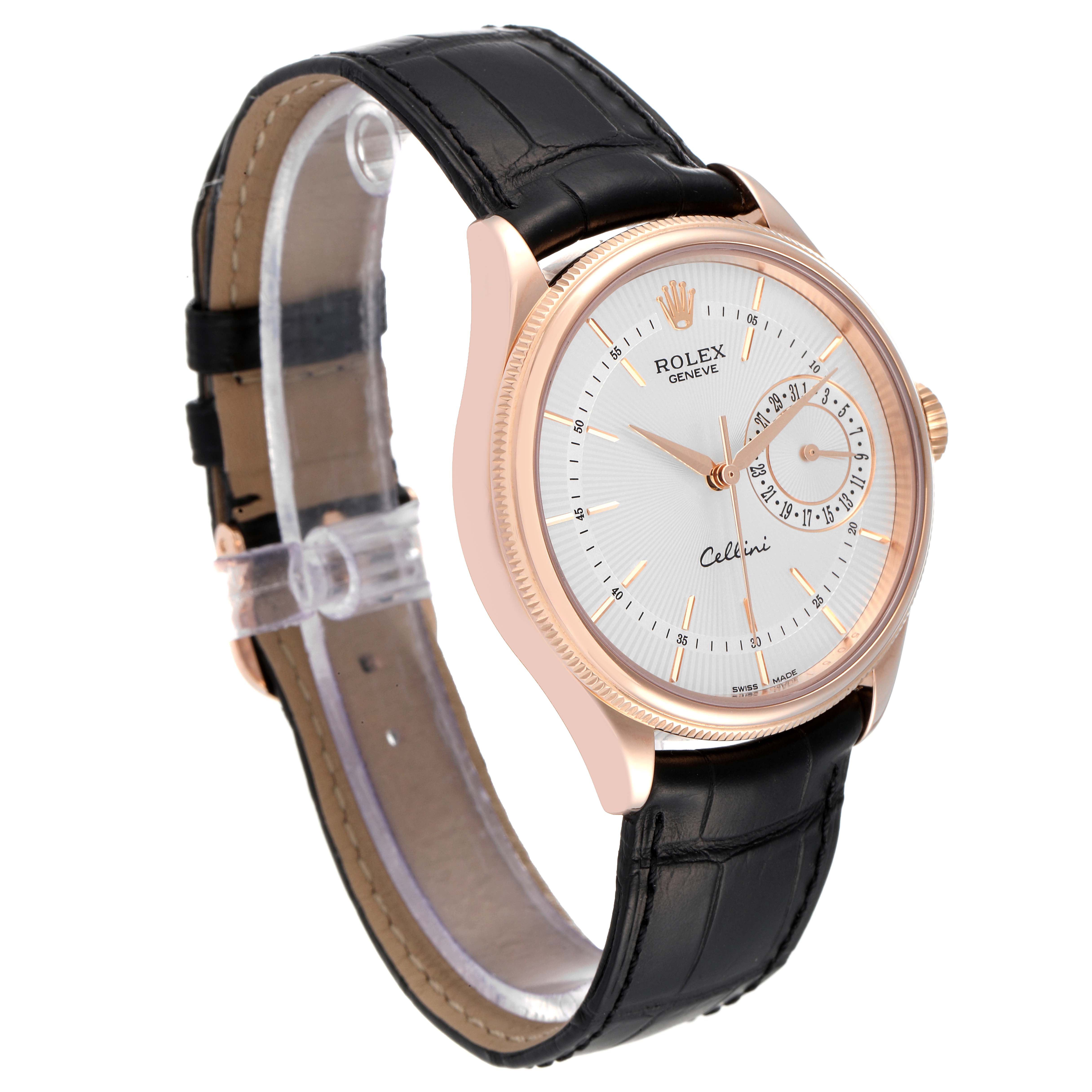 The image shows a Rolex Cellini 50515 Men's Rose Gold Silver Dial 50515 Men's Rose Gold Silver Dial watch at a slight side angle, displaying the face, case, crown, and black leather strap.
