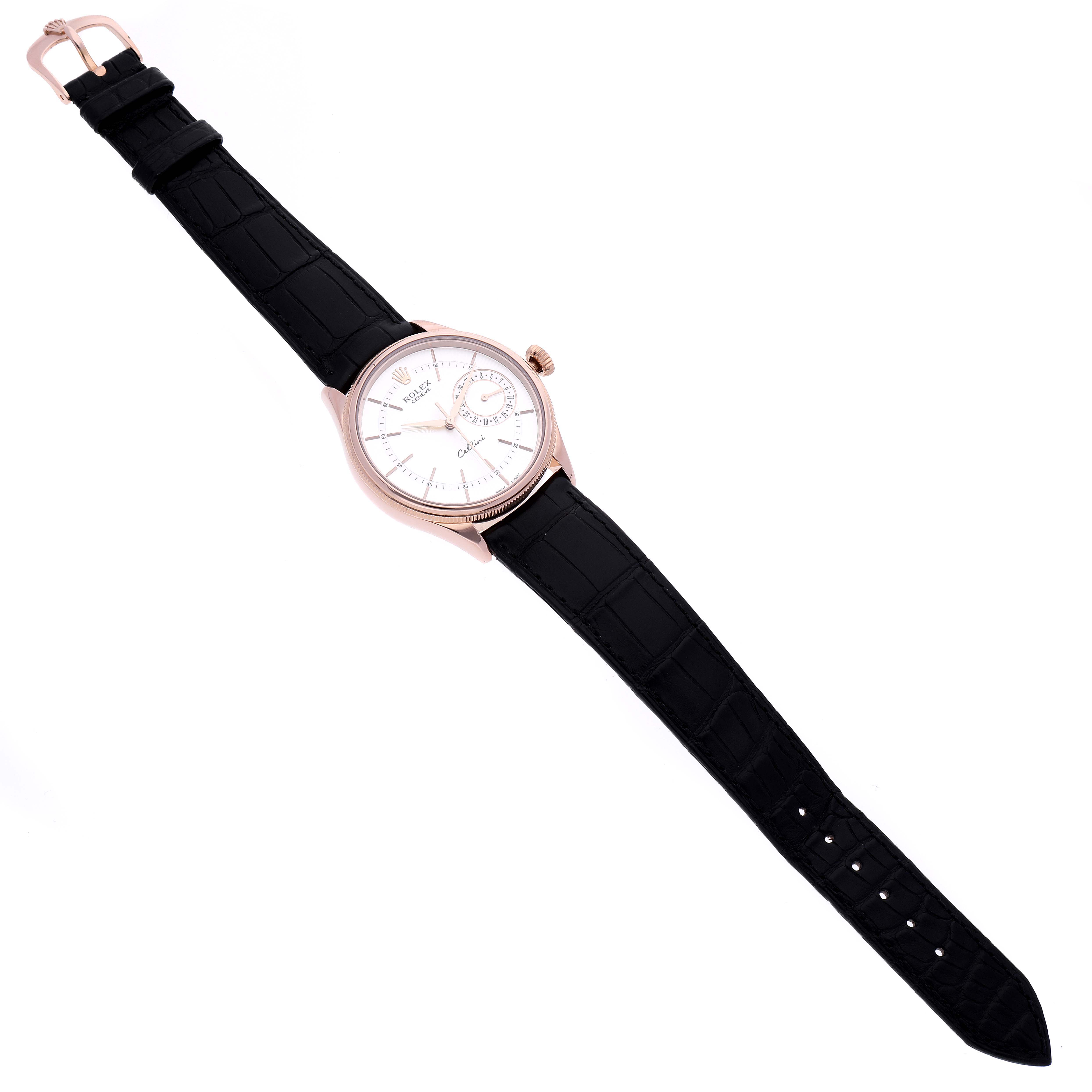 The image shows a top view of the Rolex Cellini 50515 Men's Rose Gold Silver Dial 50515 Men's Rose Gold Silver Dial watch, highlighting the face, case, crown, and leather strap.