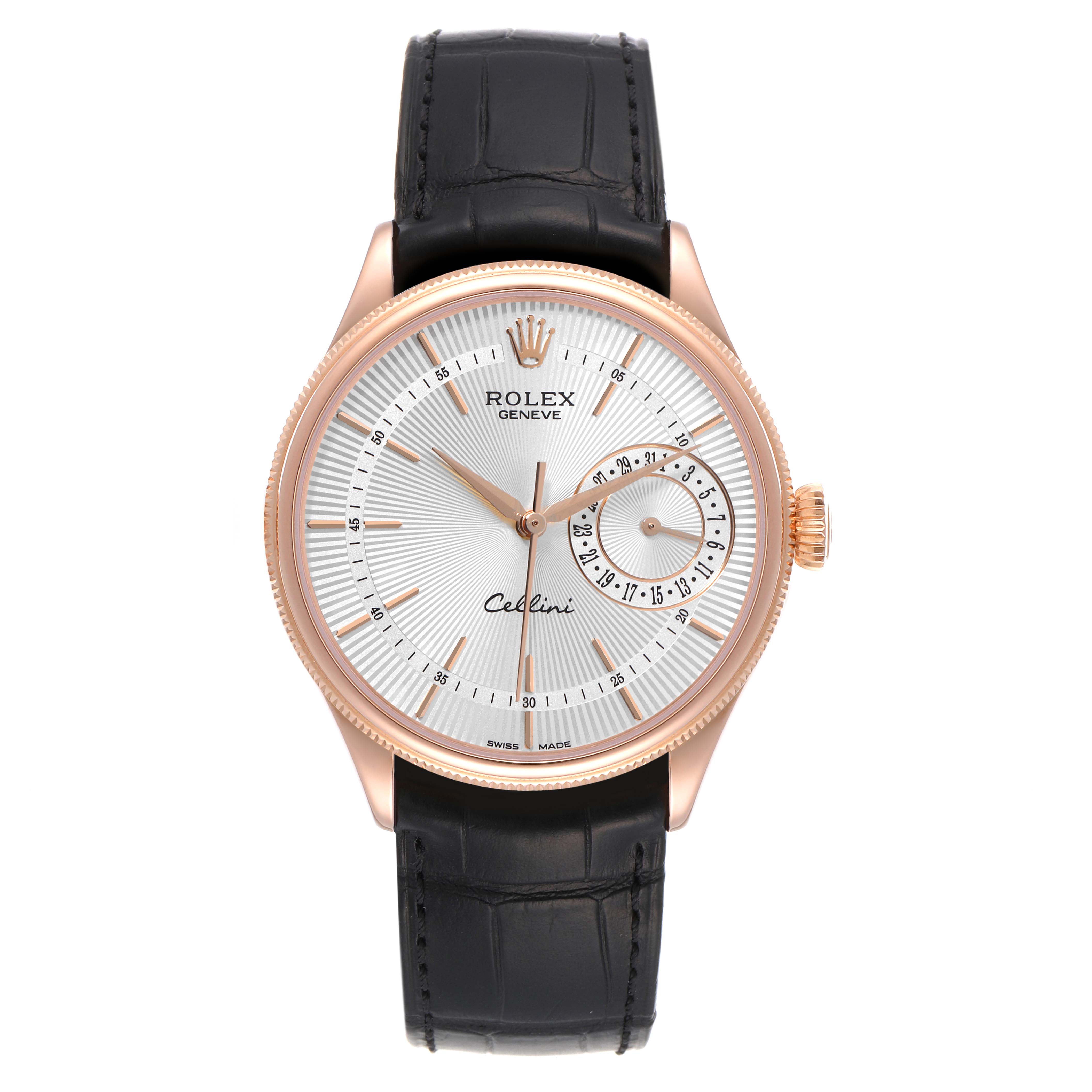 The Rolex Cellini 50515 Men's Rose Gold Silver Dial 50515 Men's Rose Gold Silver Dial model watch is shown from the front, displaying the dial, hands, sub-dial, and leather strap.