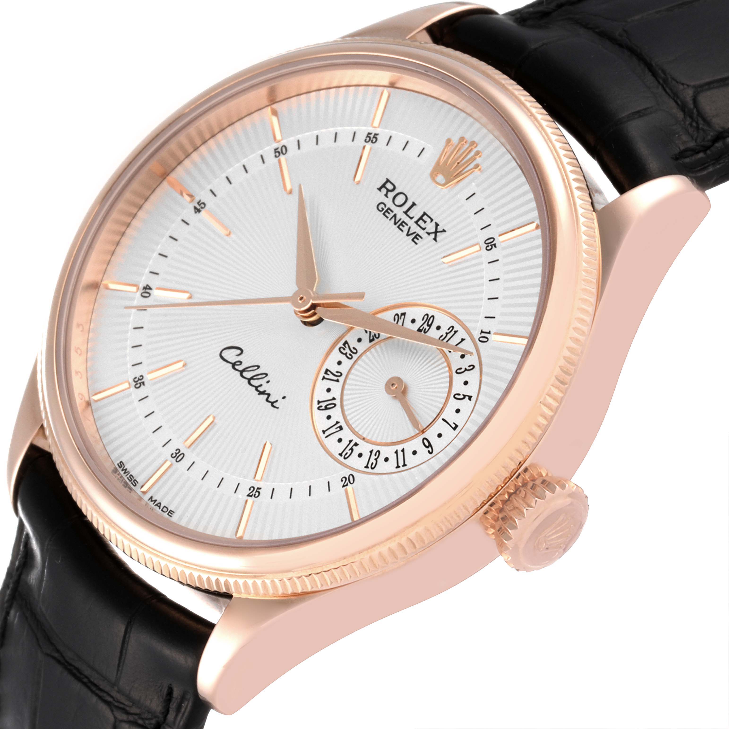 The image shows a close-up, angled view of the face, bezel, and crown of a Rolex Cellini 50515 Men's Rose Gold Silver Dial 50515 Men's Rose Gold Silver Dial watch.
