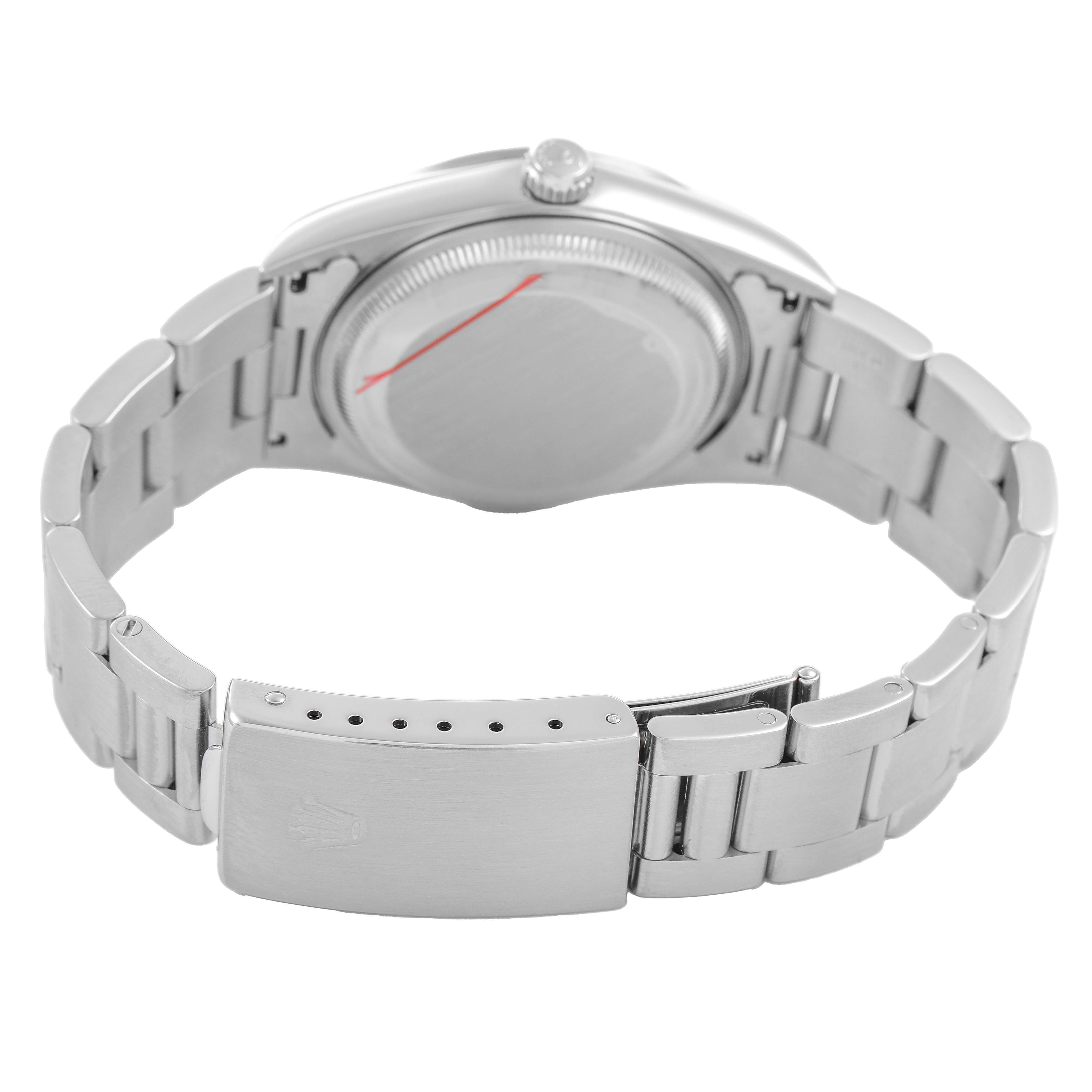 The image shows the back of a Rolex Date Men's Stainless Steel Pink Dial model, focusing on the bracelet, clasp, and case back from a slightly elevated angle.