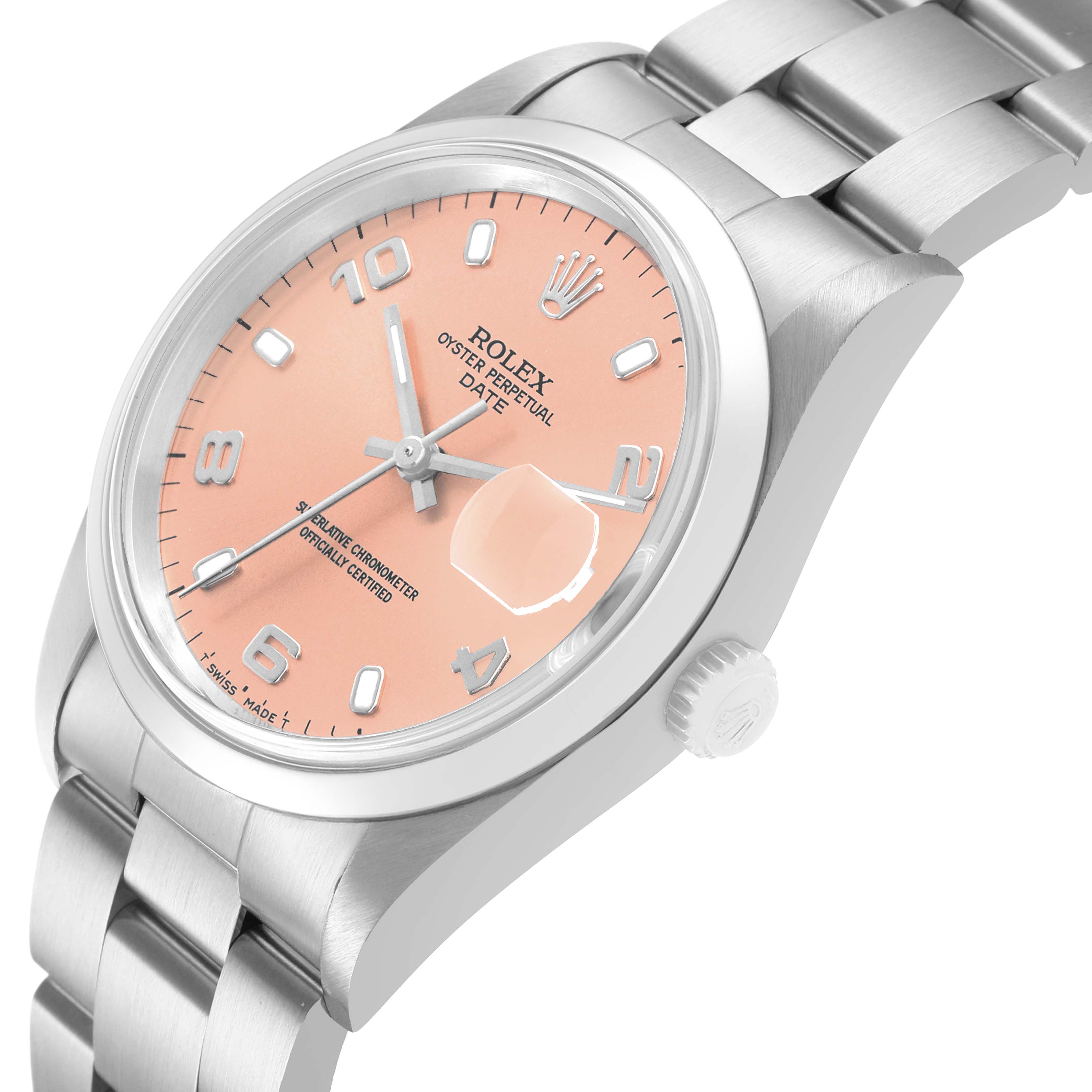 The Rolex Date Men's Stainless Steel Pink Dial watch is shown at an angled view, highlighting its pink dial, crown, and stainless steel bracelet.