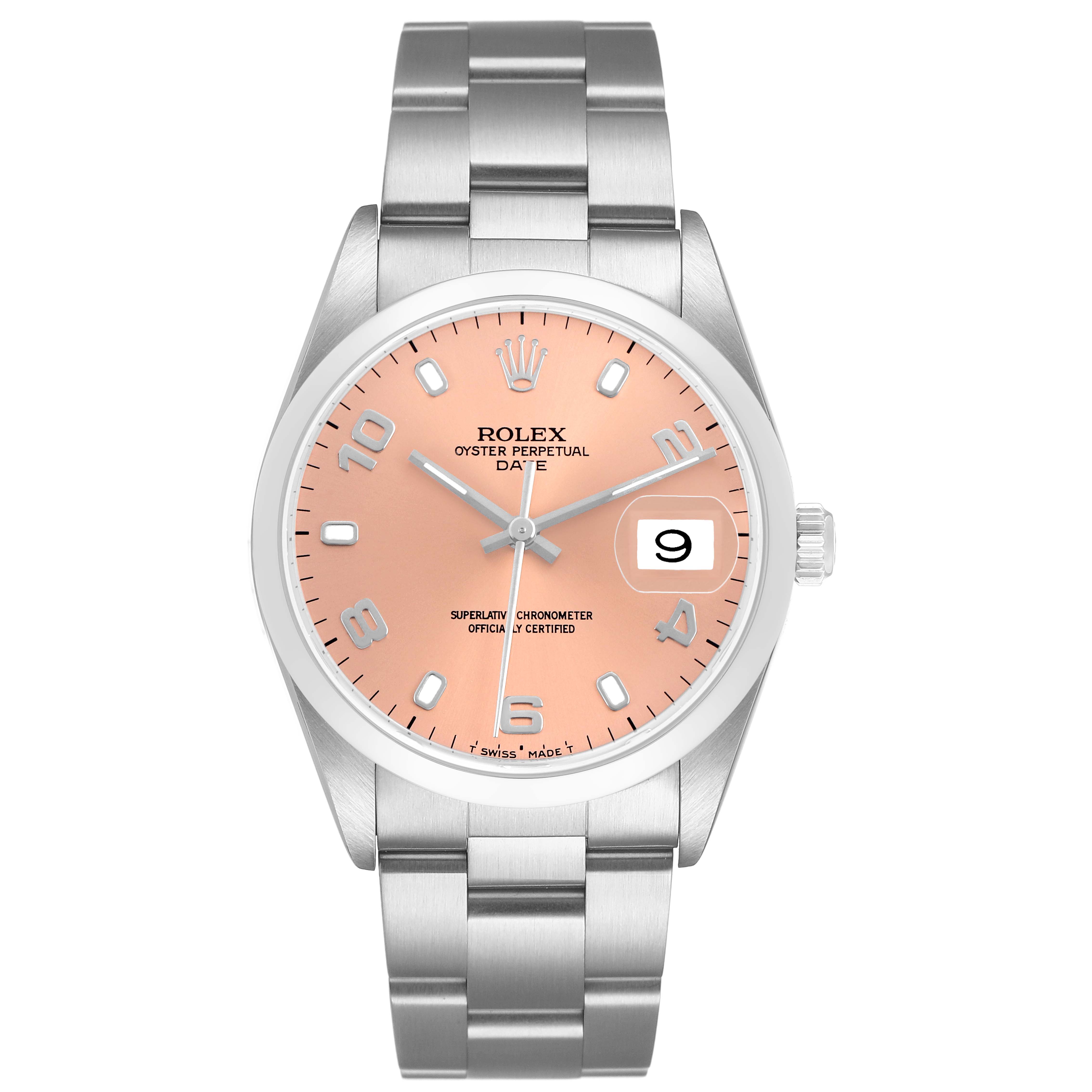The image shows a Rolex Date Men's Stainless Steel Pink Dial model watch from a top-down angle, displaying the dial, case, bezel, bracelet, and date window.
