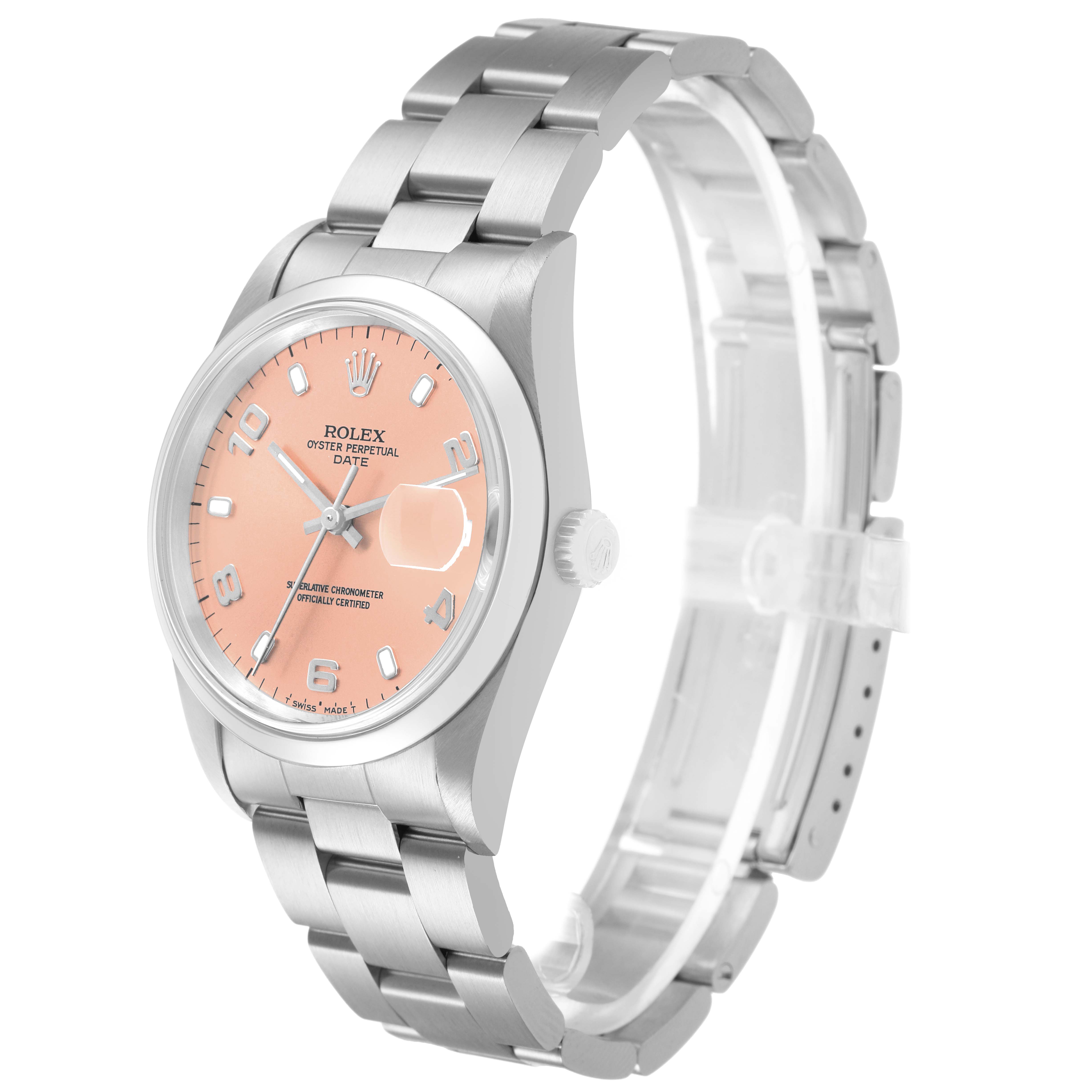 The Rolex Date Men's Stainless Steel Pink Dial watch is shown at a slight angle, displaying the face, crown, and bracelet.