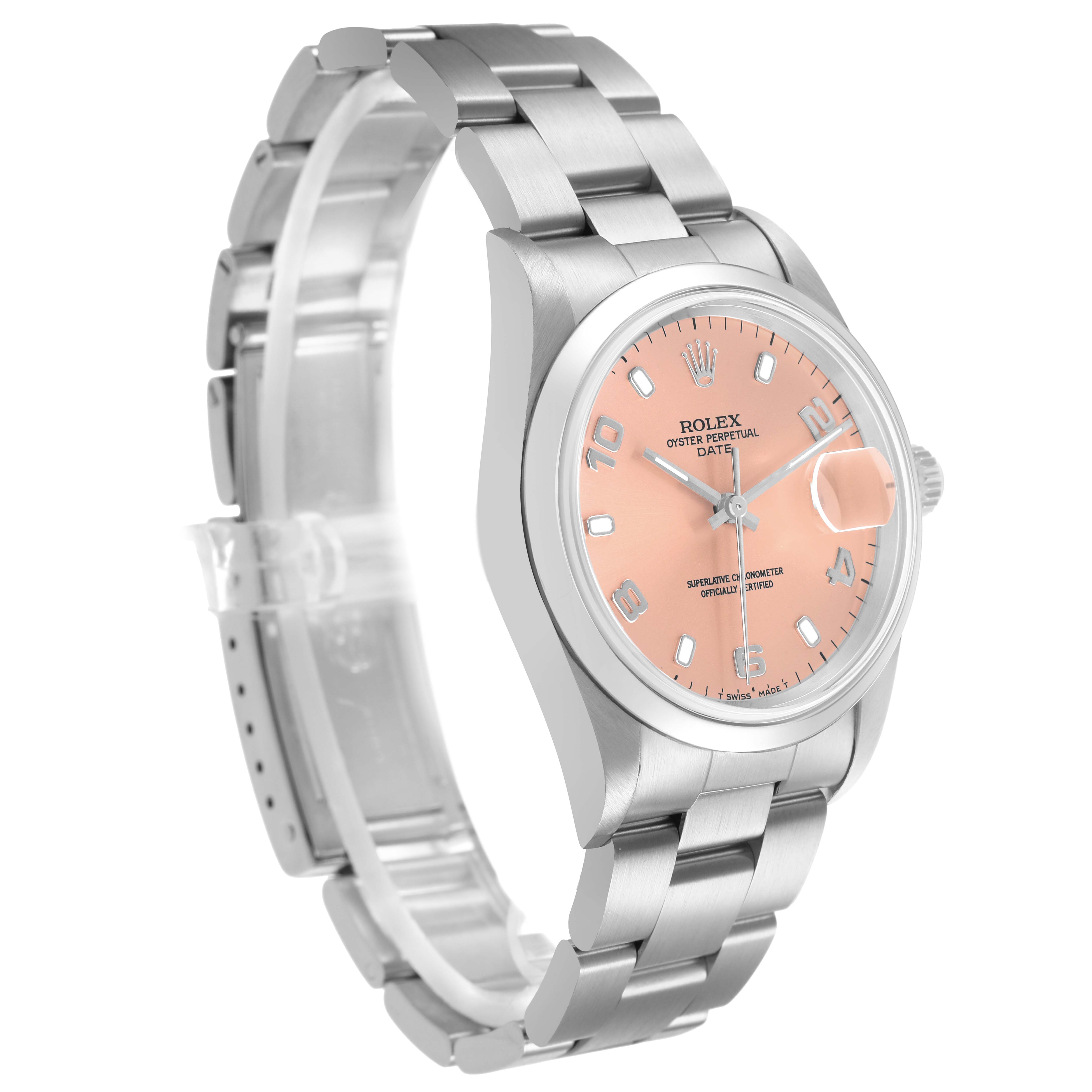 The Rolex Date Men's Stainless Steel Pink Dial watch is shown at a 3/4 angle displaying the face, bezel, bracelet, and crown.